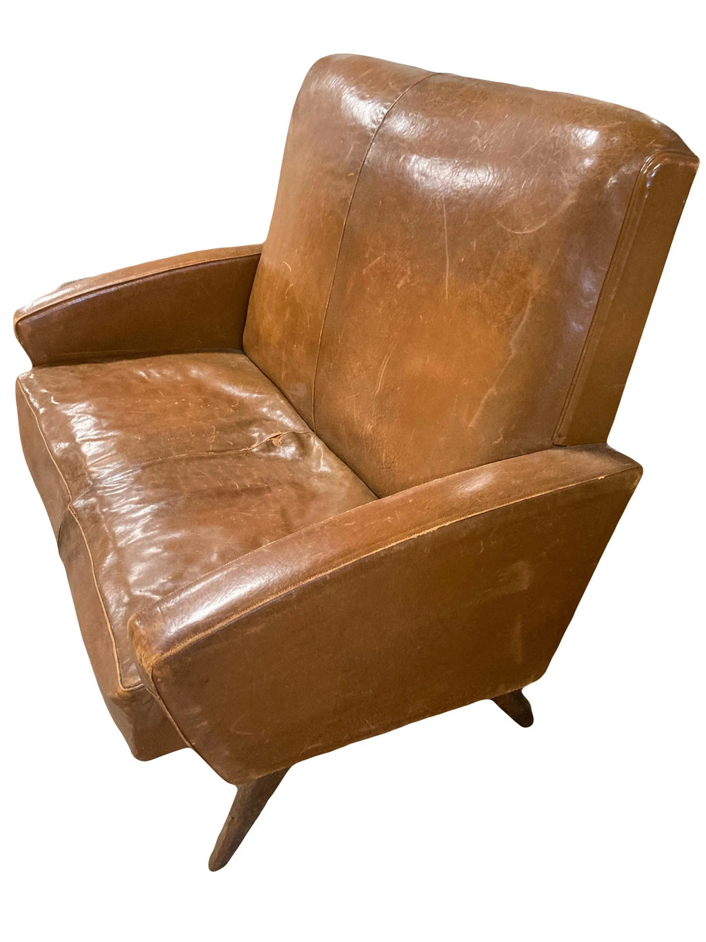 Mid-20th Century Art Deco Transitional Modern Italian Loveseat in Distressed Cigar Leather in the Manner of Carlo Di Carli