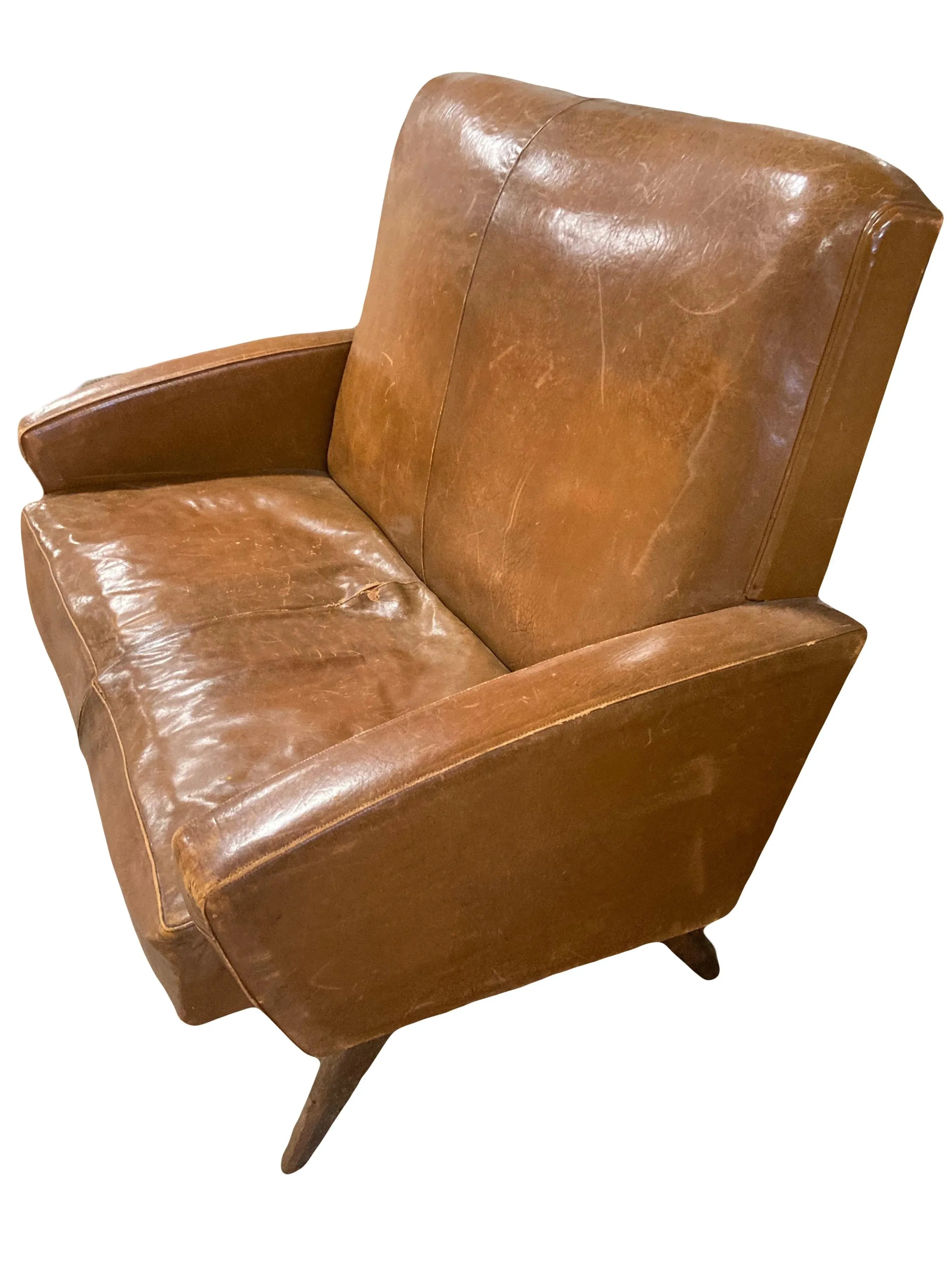 Mid-20th Century Art Deco Transitional Modern Italian Loveseat in Distressed Cigar Leather in the Manner of Carlo Di Carli