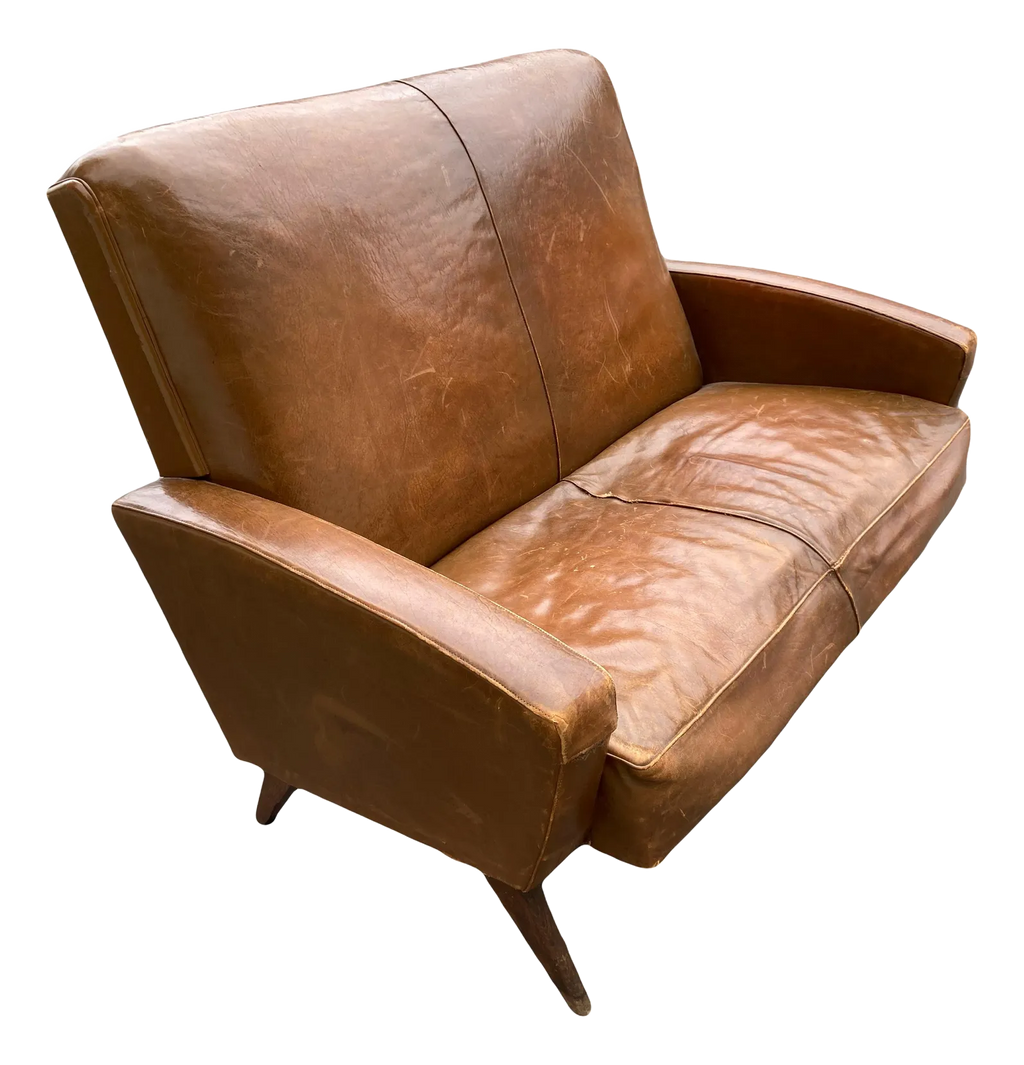 Mid-20th Century Art Deco Transitional Modern Italian Loveseat in Distressed Cigar Leather in the Manner of Carlo Di Carli