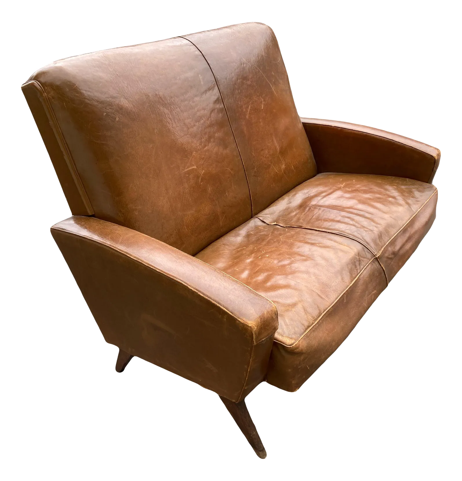 Mid-20th Century Art Deco Transitional Modern Italian Loveseat in Distressed Cigar Leather in the Manner of Carlo Di Carli