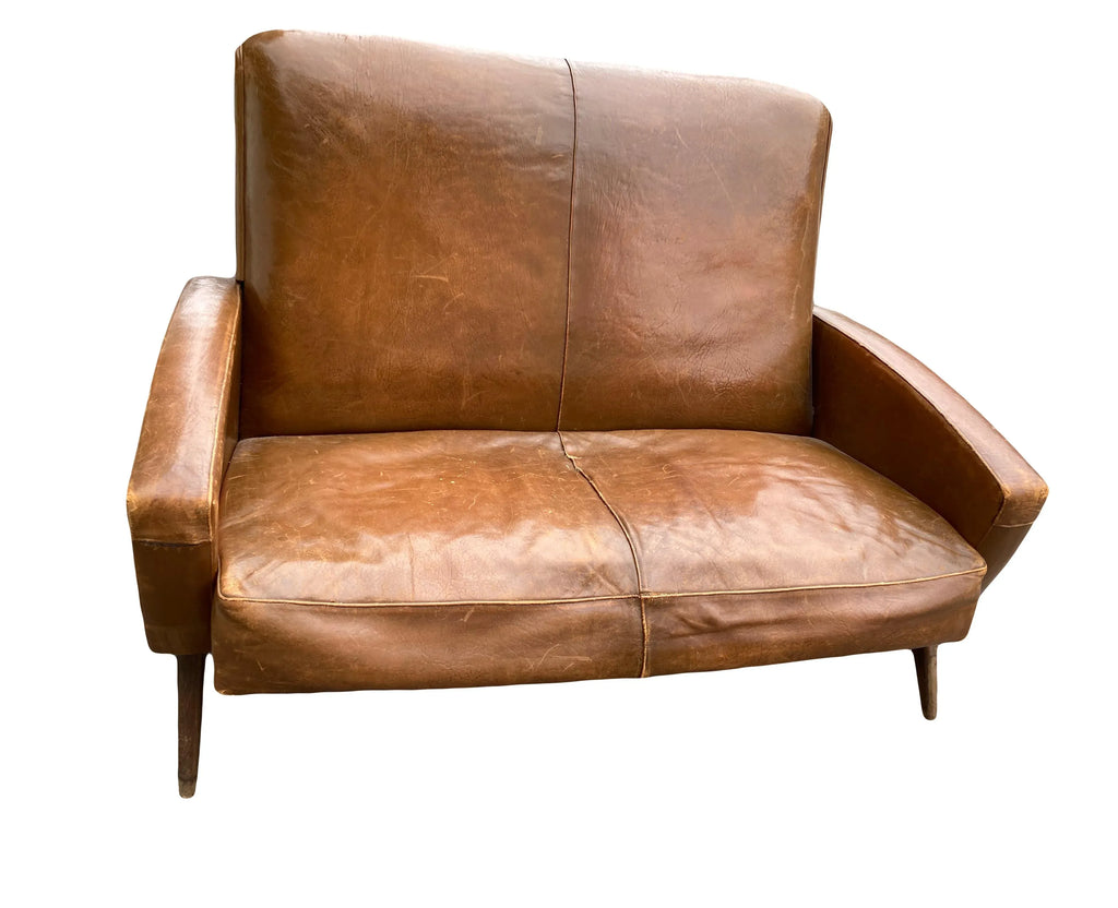Mid-20th Century Art Deco Transitional Modern Italian Loveseat in Distressed Cigar Leather in the Manner of Carlo Di Carli