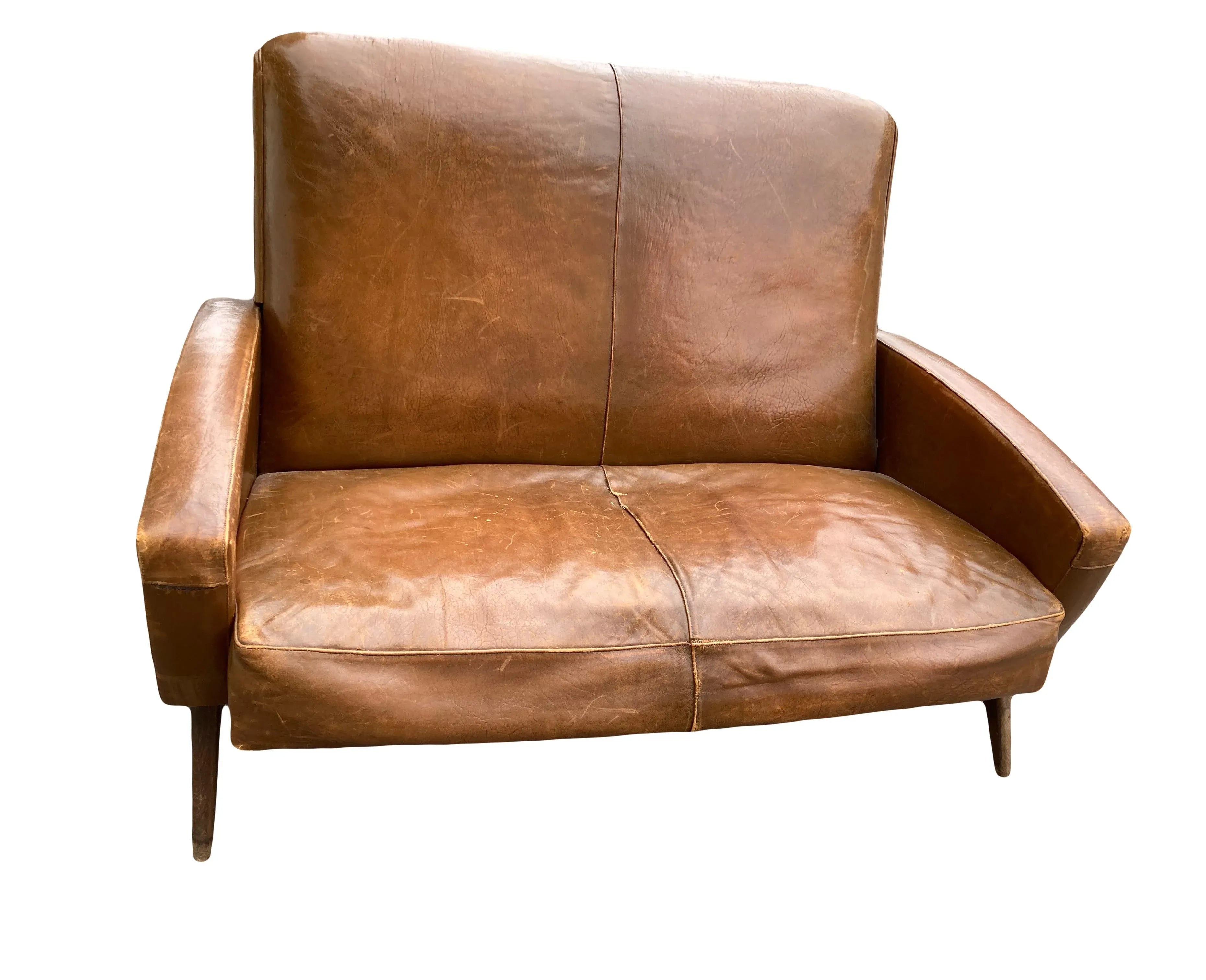 Mid-20th Century Art Deco Transitional Modern Italian Loveseat in Distressed Cigar Leather in the Manner of Carlo Di Carli