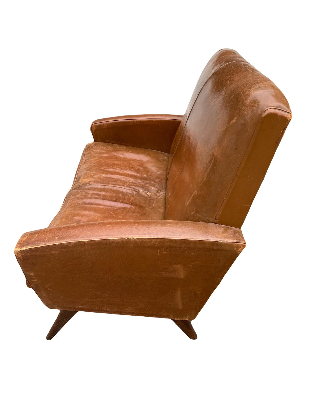 Mid-20th Century Art Deco Transitional Modern Italian Loveseat in Distressed Cigar Leather in the Manner of Carlo Di Carli