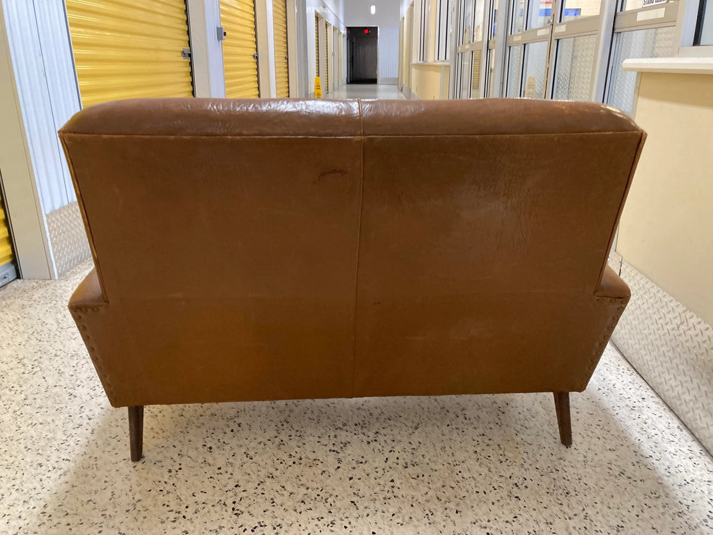 Mid-20th Century Art Deco Transitional Modern Italian Loveseat in Distressed Cigar Leather in the Manner of Carlo Di Carli