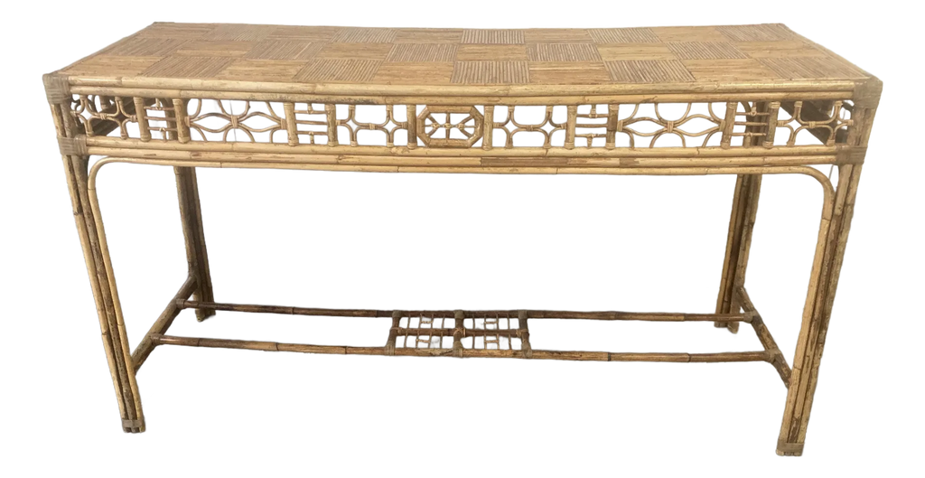 Mid-20th Century Bamboo Chinese Chippendale Fretwork Sofa or Hall Table With Parque Top