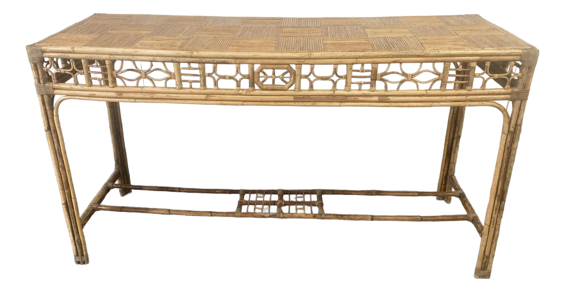Mid-20th Century Bamboo Chinese Chippendale Fretwork Sofa or Hall Table With Parque Top
