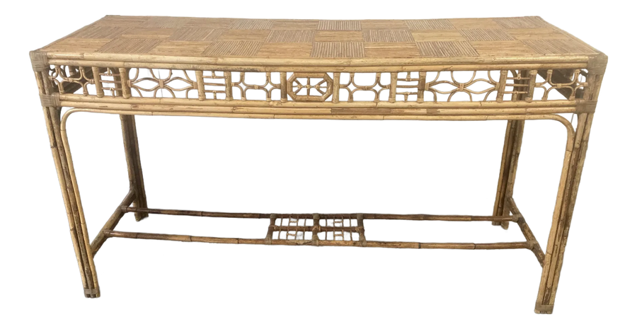 Mid-20th Century Bamboo Chinese Chippendale Fretwork Sofa or Hall Table With Parque Top