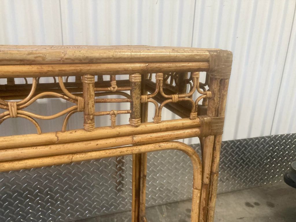 Mid-20th Century Bamboo Chinese Chippendale Fretwork Sofa or Hall Table With Parque Top