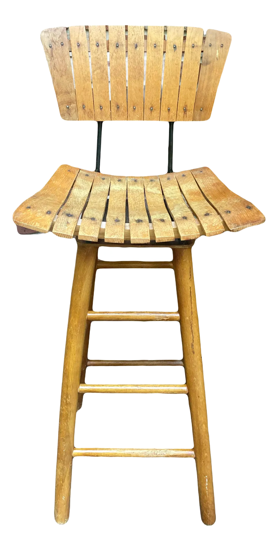 Mid-20th Century Bar Height Slatted Wooden Swivel Stool After Arthur Umanoff