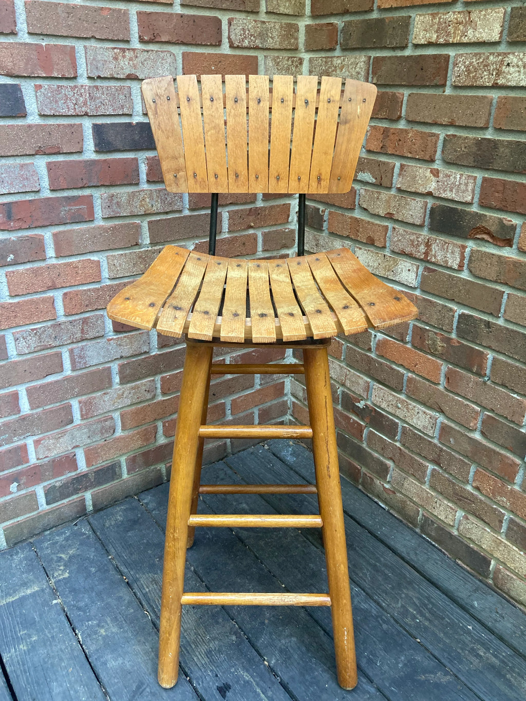 Mid-20th Century Bar Height Slatted Wooden Swivel Stool After Arthur Umanoff