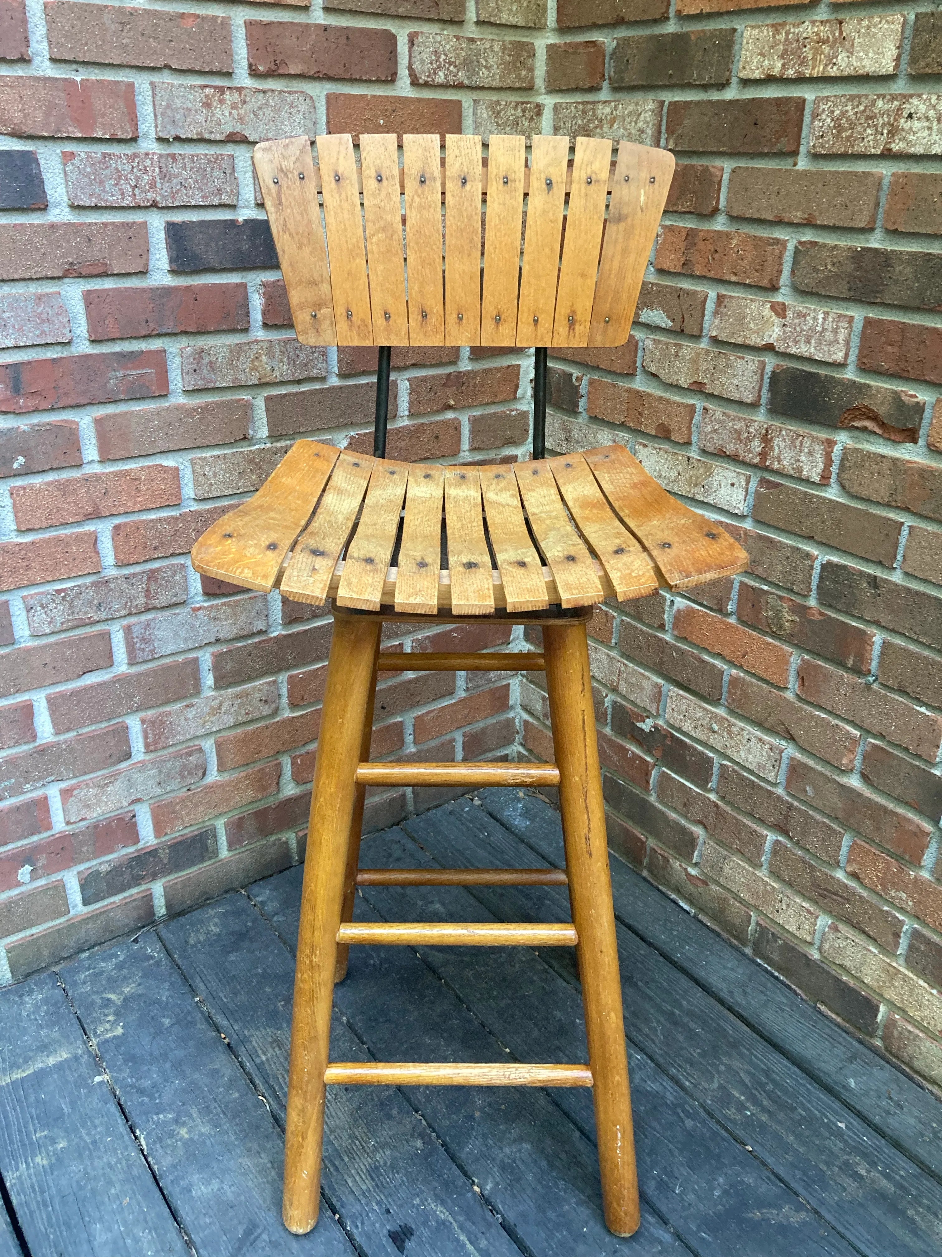 Mid-20th Century Bar Height Slatted Wooden Swivel Stool After Arthur Umanoff