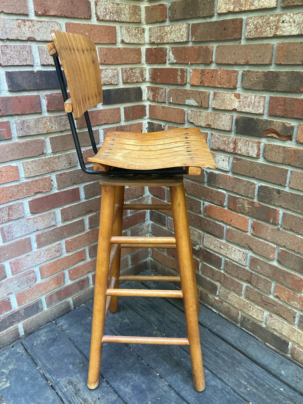 Mid-20th Century Bar Height Slatted Wooden Swivel Stool After Arthur Umanoff