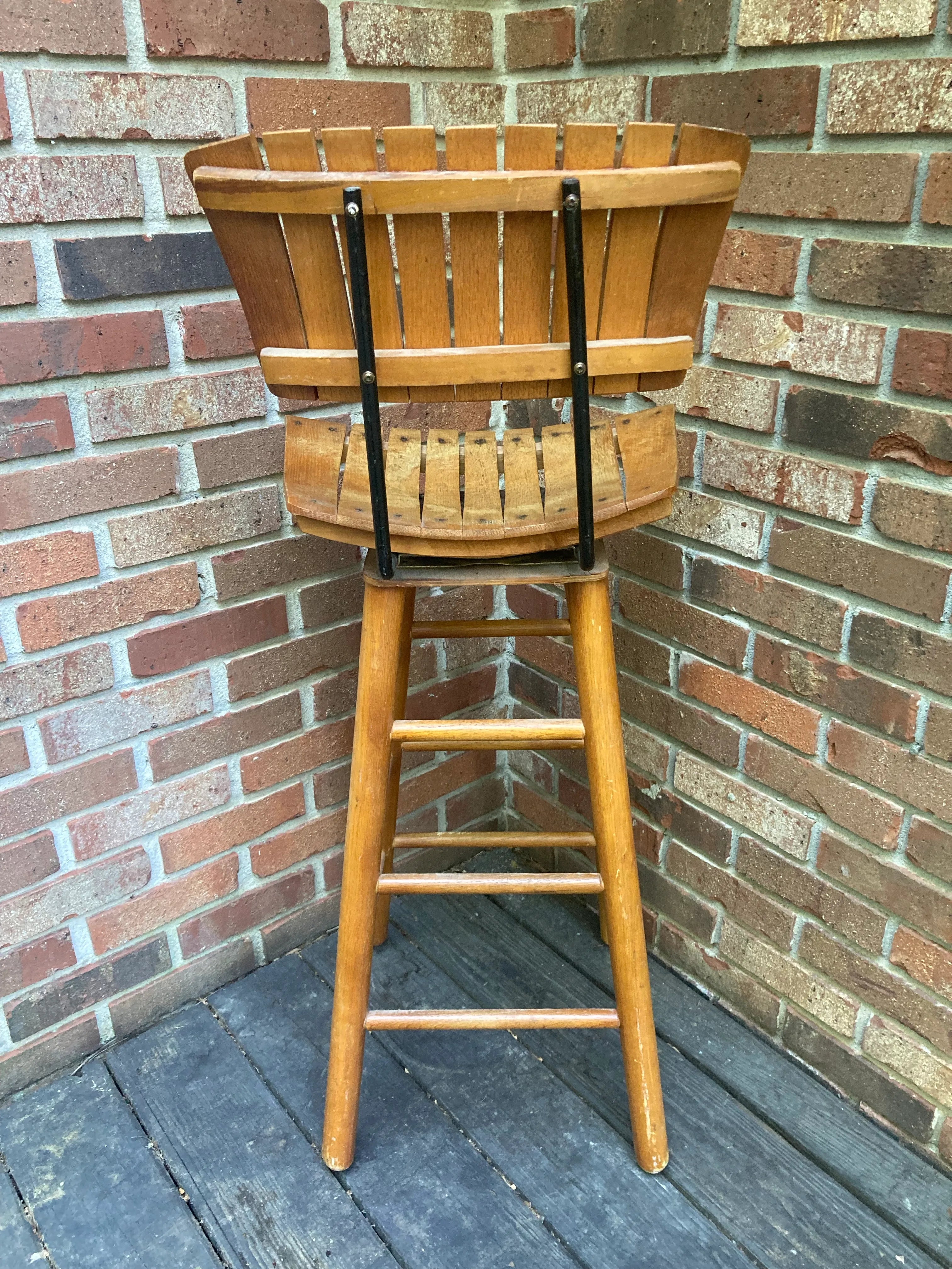 Mid-20th Century Bar Height Slatted Wooden Swivel Stool After Arthur Umanoff