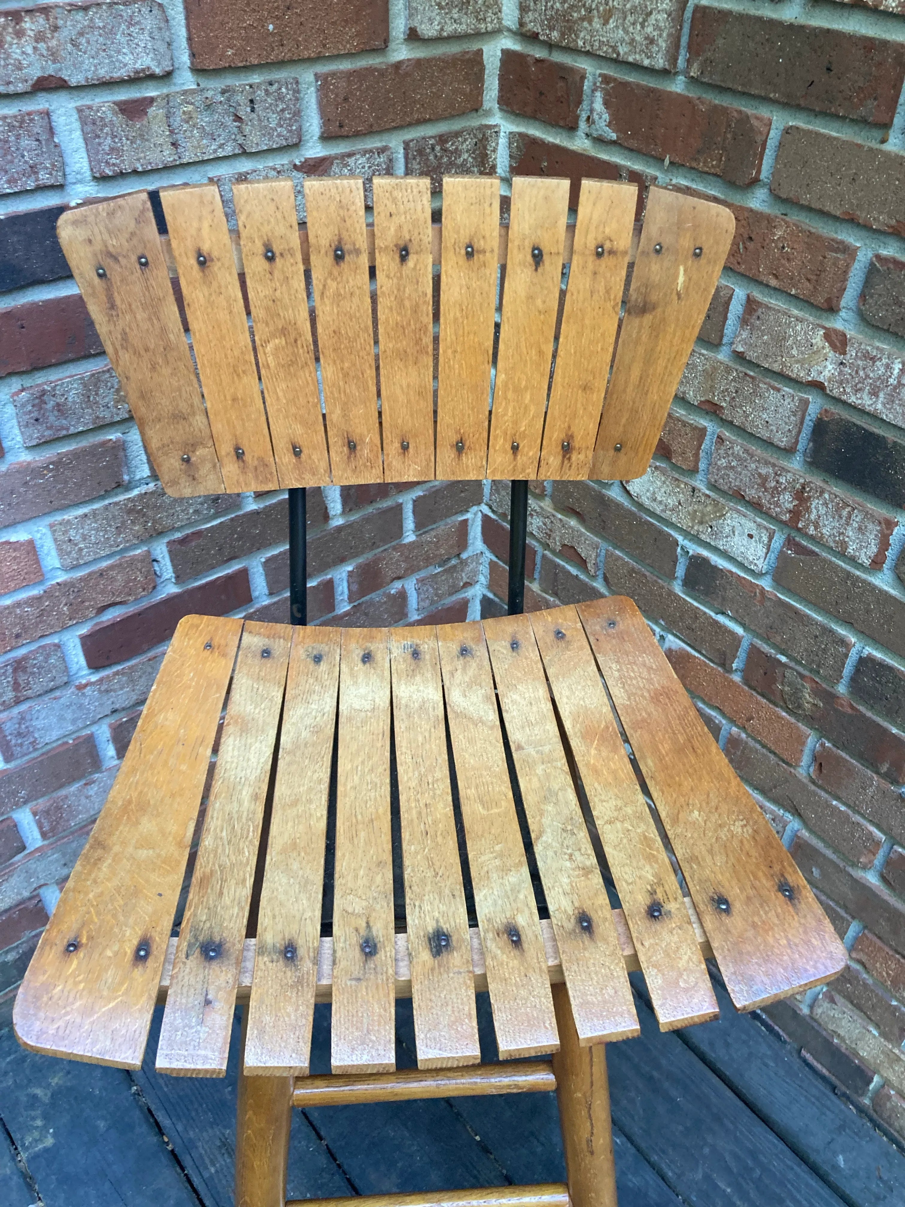 Mid-20th Century Bar Height Slatted Wooden Swivel Stool After Arthur Umanoff