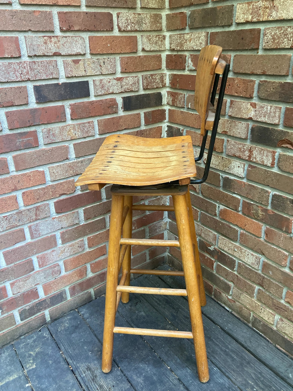 Mid-20th Century Bar Height Slatted Wooden Swivel Stool After Arthur Umanoff