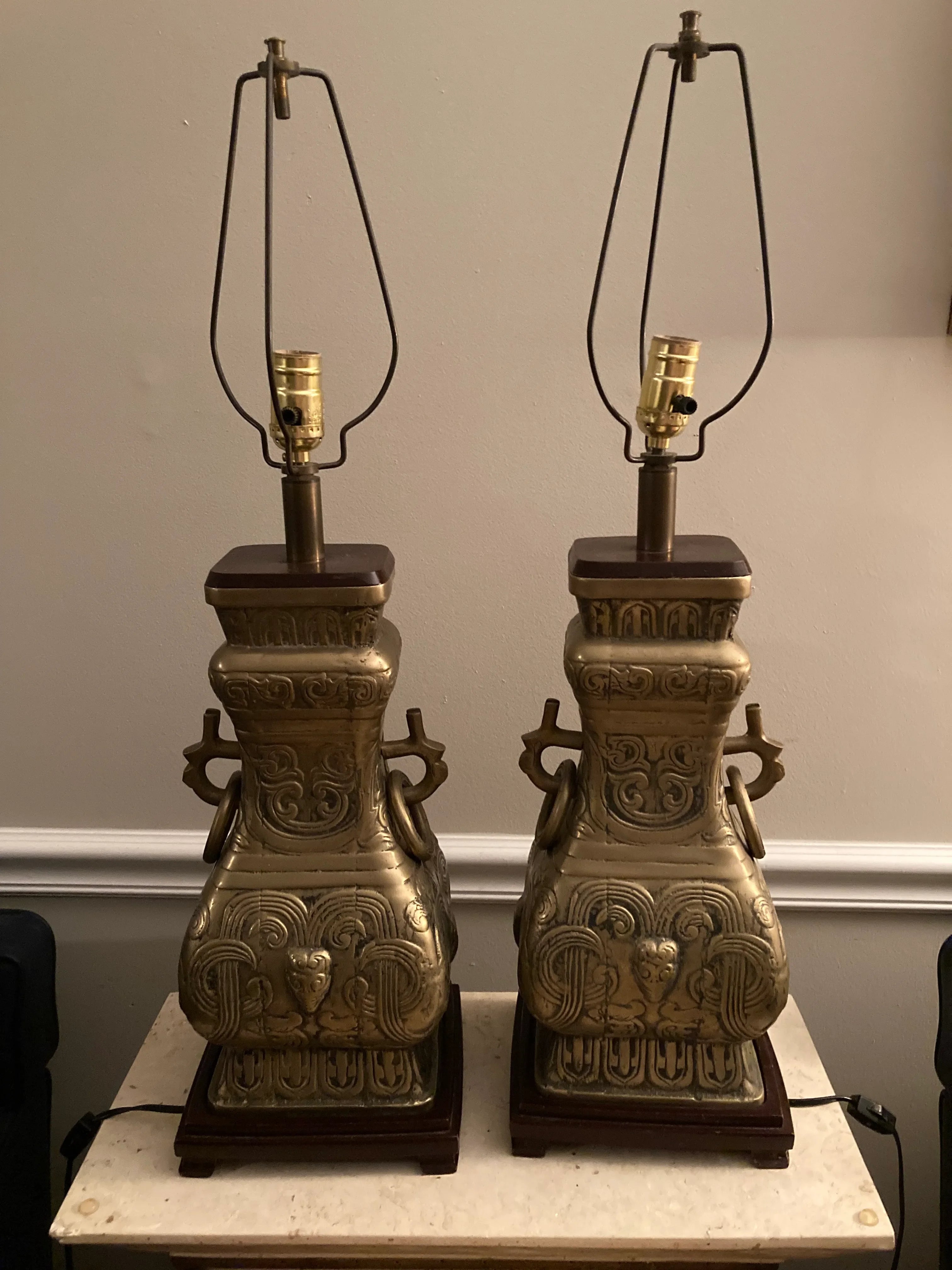 Mid 20th Century Brass Chinoiserie Urn Lamps Attributed to James Mont - a Pair