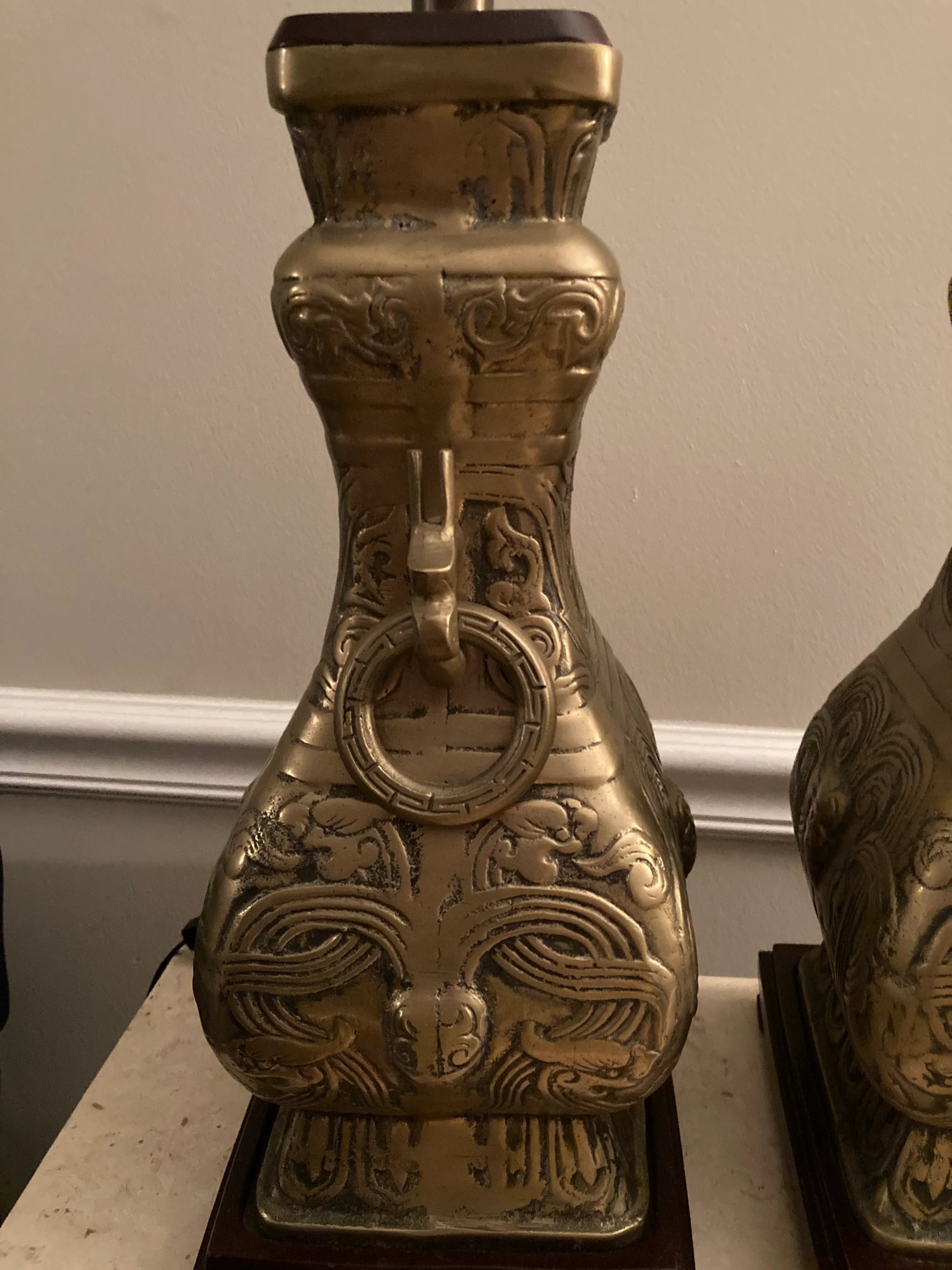 Mid 20th Century Brass Chinoiserie Urn Lamps Attributed to James Mont - a Pair