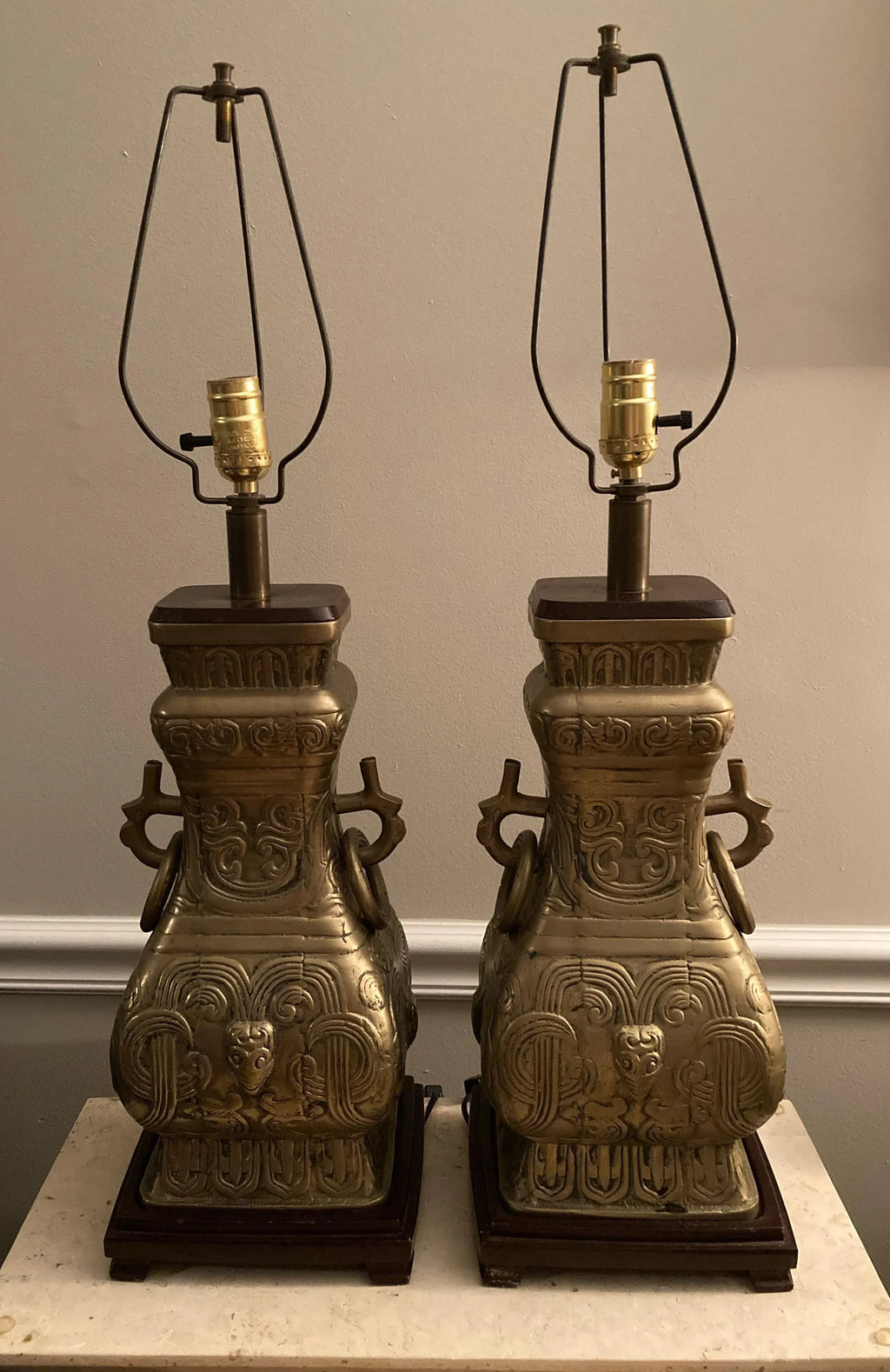 Mid 20th Century Brass Chinoiserie Urn Lamps Attributed to James Mont - a Pair