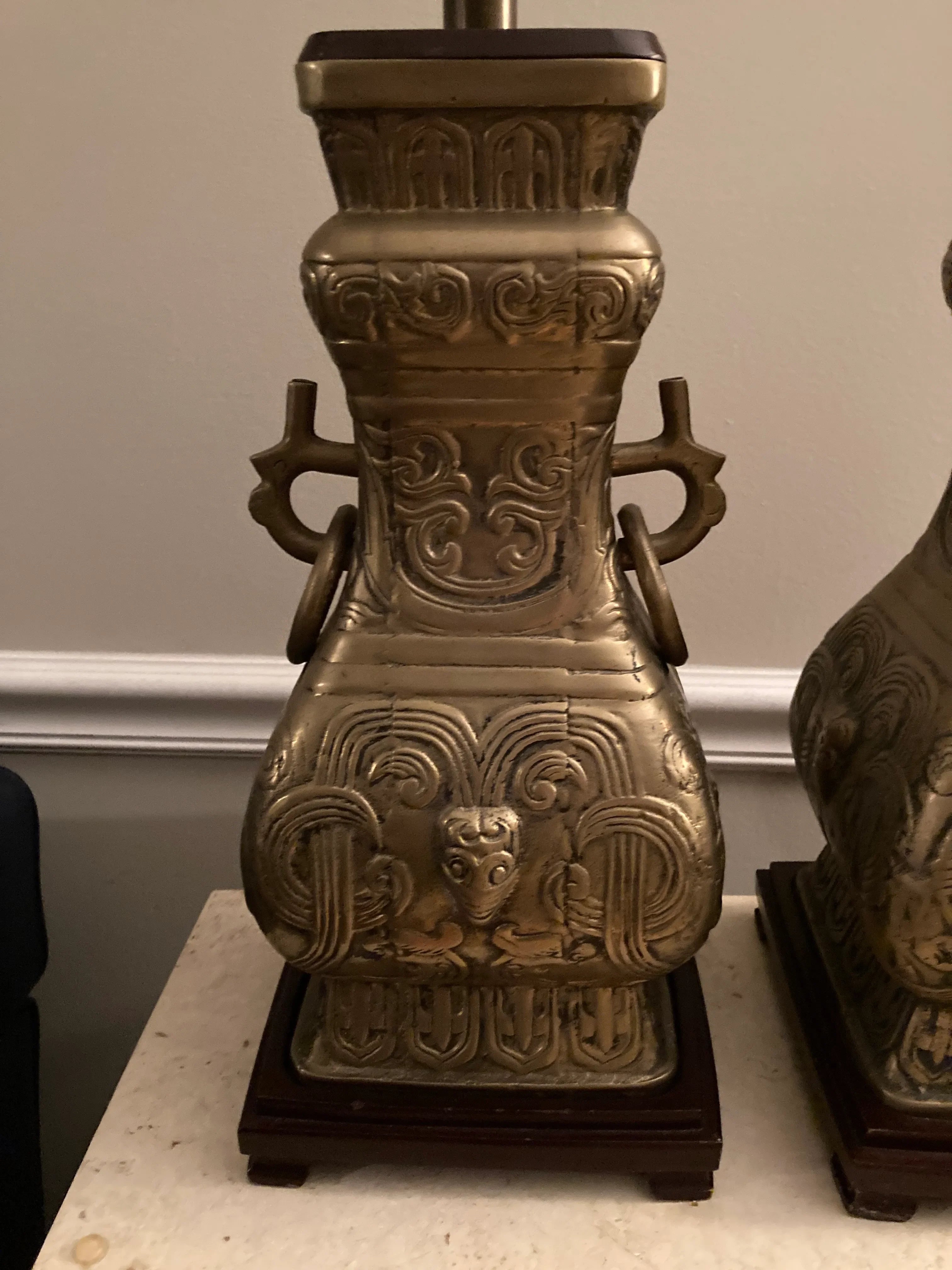 Mid 20th Century Brass Chinoiserie Urn Lamps Attributed to James Mont - a Pair