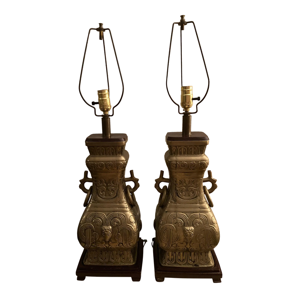 Mid 20th Century Brass Chinoiserie Urn Lamps Attributed to James Mont - a Pair