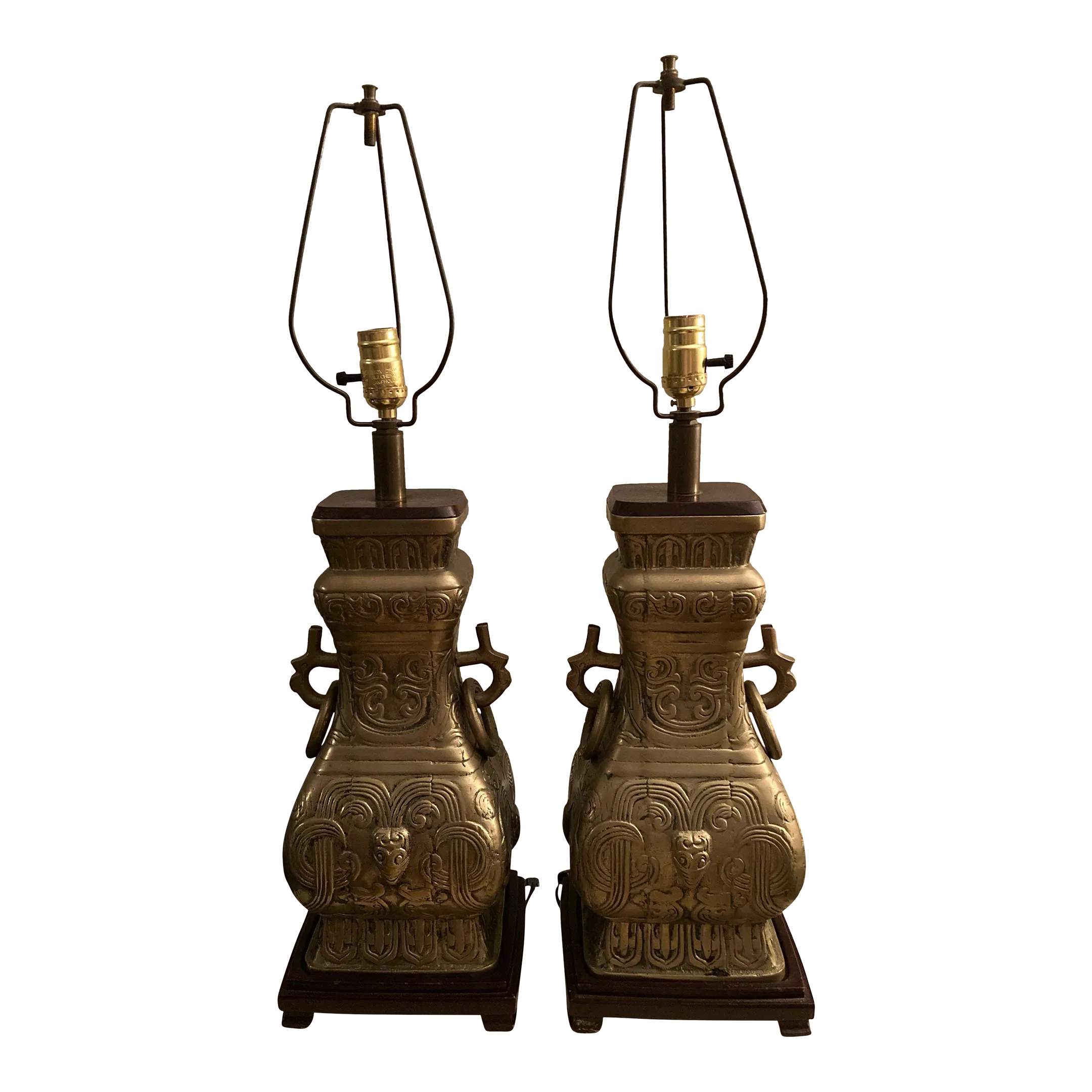 Mid 20th Century Brass Chinoiserie Urn Lamps Attributed to James Mont - a Pair