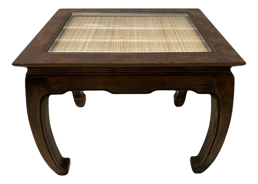 Mid-20th Century Burlwood Chinoiserie Ming Side Table With Inset Woven Grass Top and Chow Legs