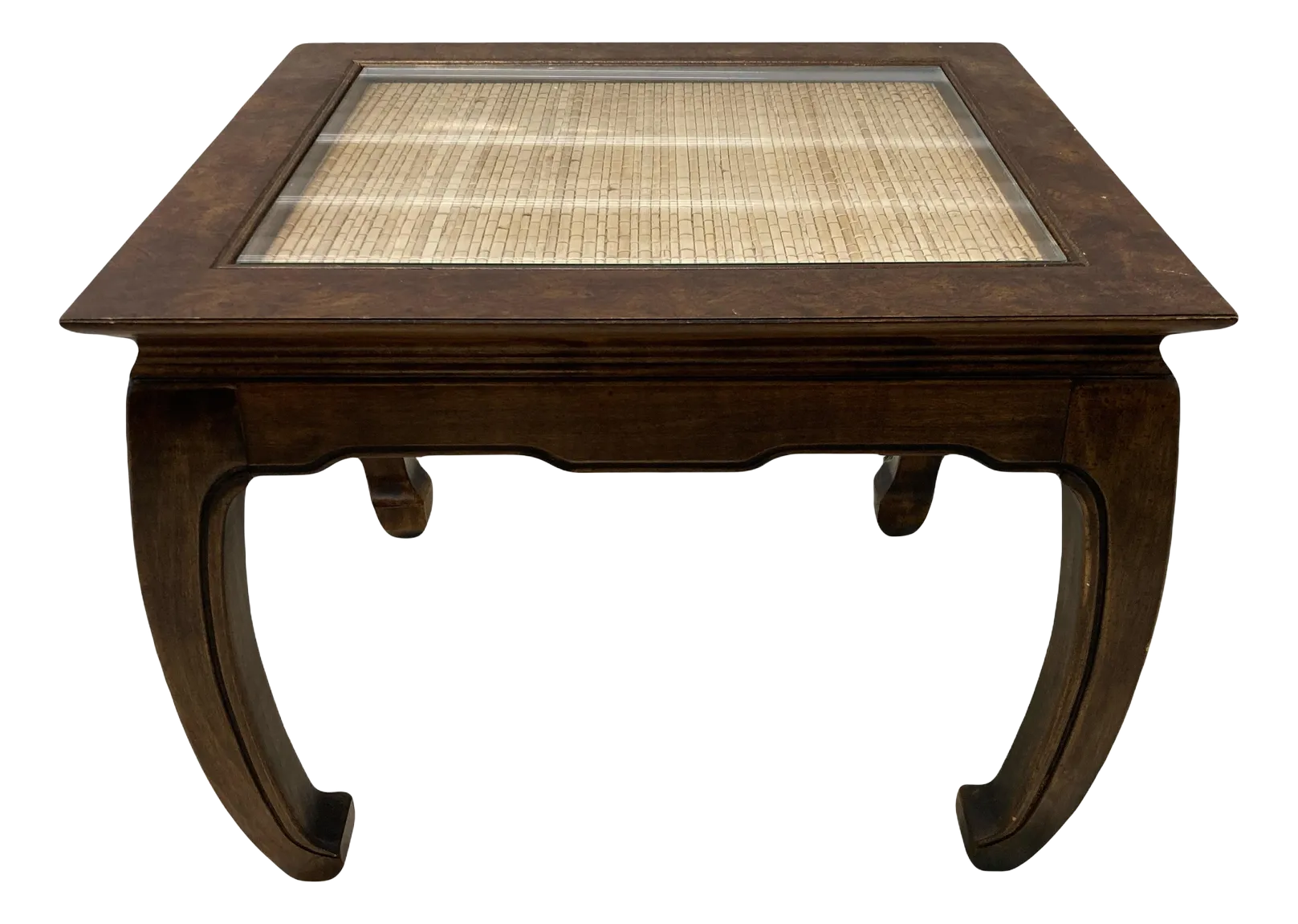 Mid-20th Century Burlwood Chinoiserie Ming Side Table With Inset Woven Grass Top and Chow Legs