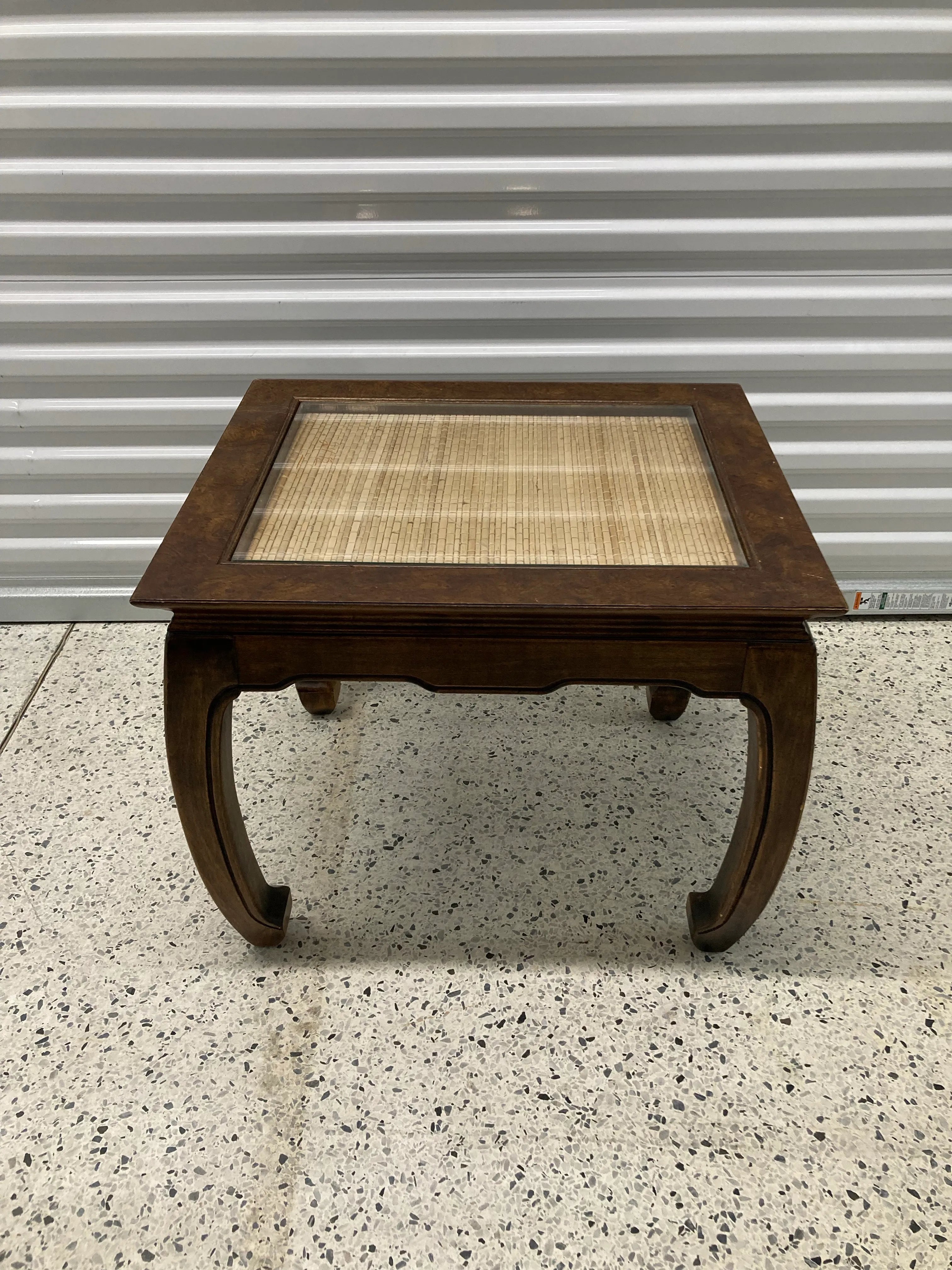 Mid-20th Century Burlwood Chinoiserie Ming Side Table With Inset Woven Grass Top and Chow Legs