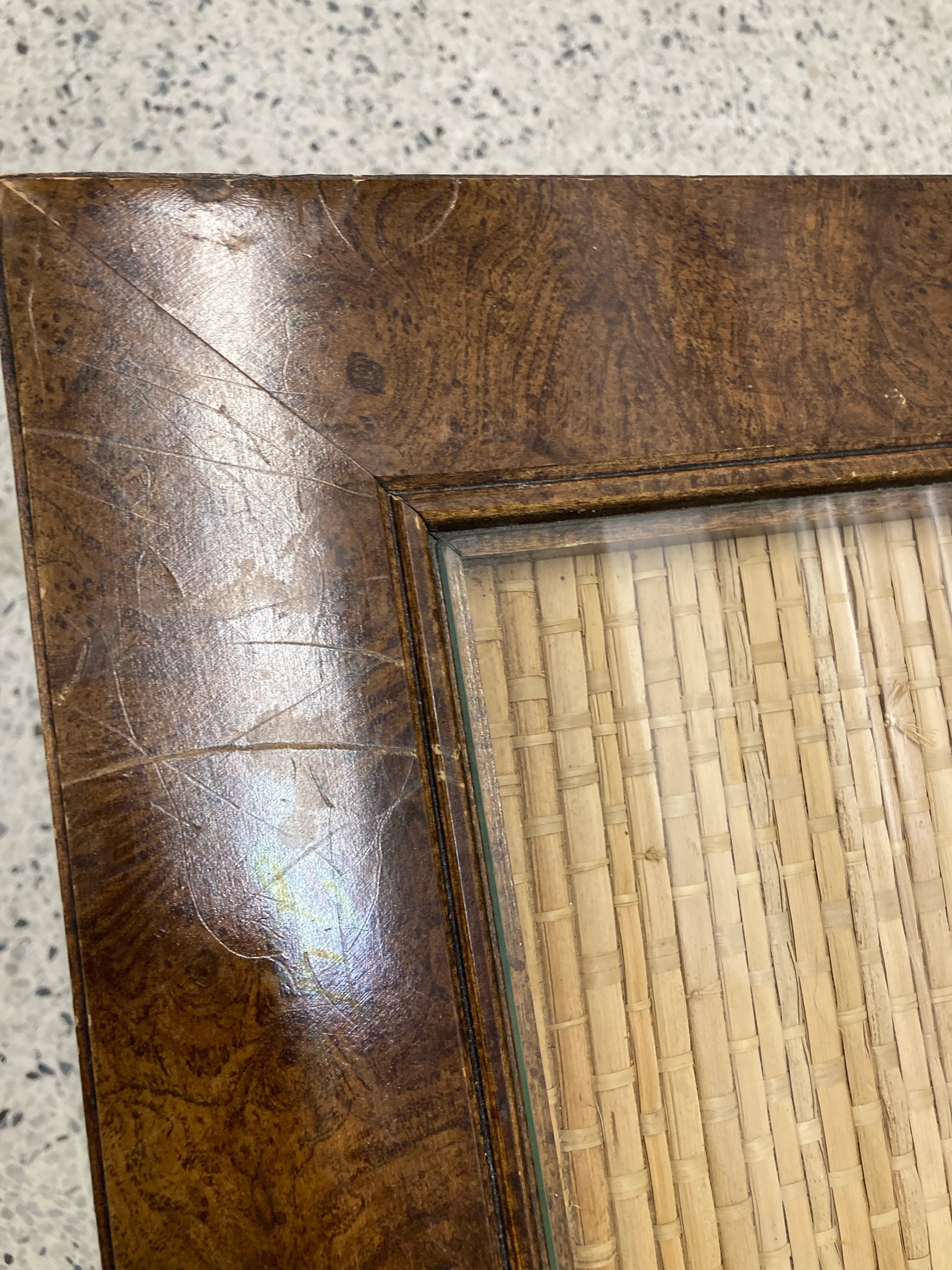 Mid-20th Century Burlwood Chinoiserie Ming Side Table With Inset Woven Grass Top and Chow Legs