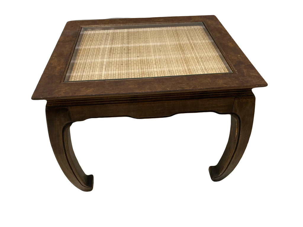 Mid-20th Century Burlwood Chinoiserie Ming Side Table With Inset Woven Grass Top and Chow Legs