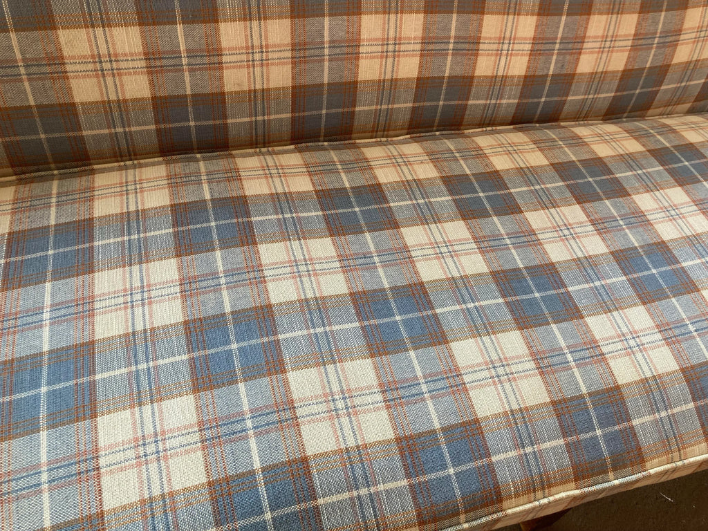 Mid-20th Century Cottage-Core Camelback Sofa With Chinese Chippendale Carved Legs in Original Plaid Fabric