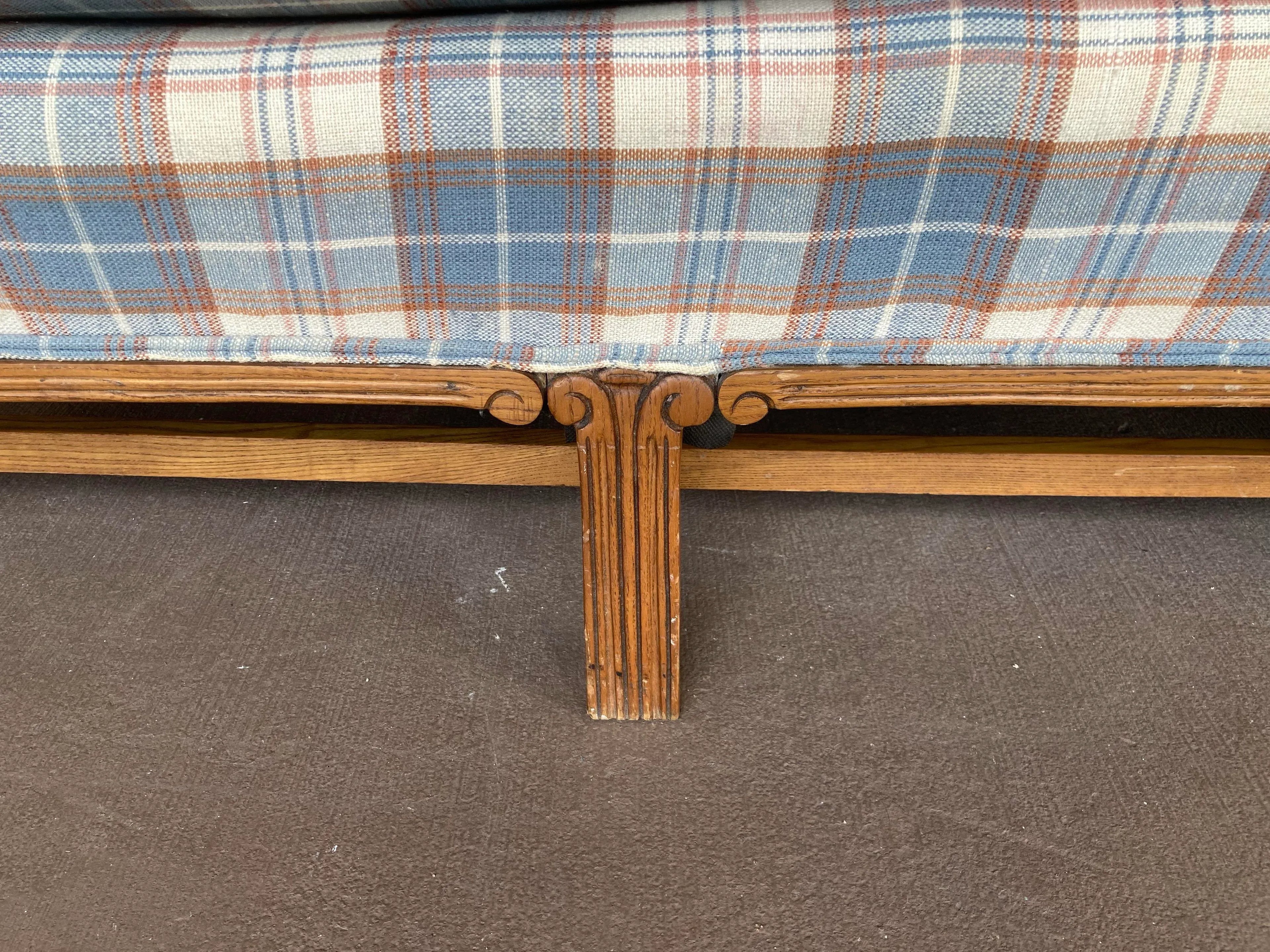 Mid-20th Century Cottage-Core Camelback Sofa With Chinese Chippendale Carved Legs in Original Plaid Fabric