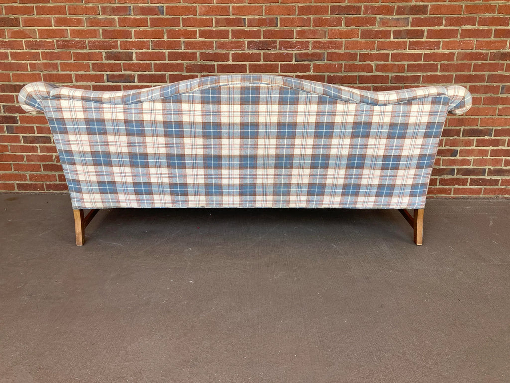 Mid-20th Century Cottage-Core Camelback Sofa With Chinese Chippendale Carved Legs in Original Plaid Fabric
