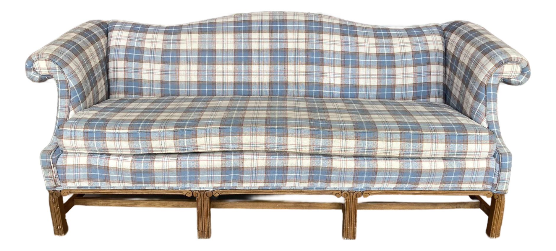 Mid-20th Century Cottage-Core Camelback Sofa With Chinese Chippendale Carved Legs in Original Plaid Fabric