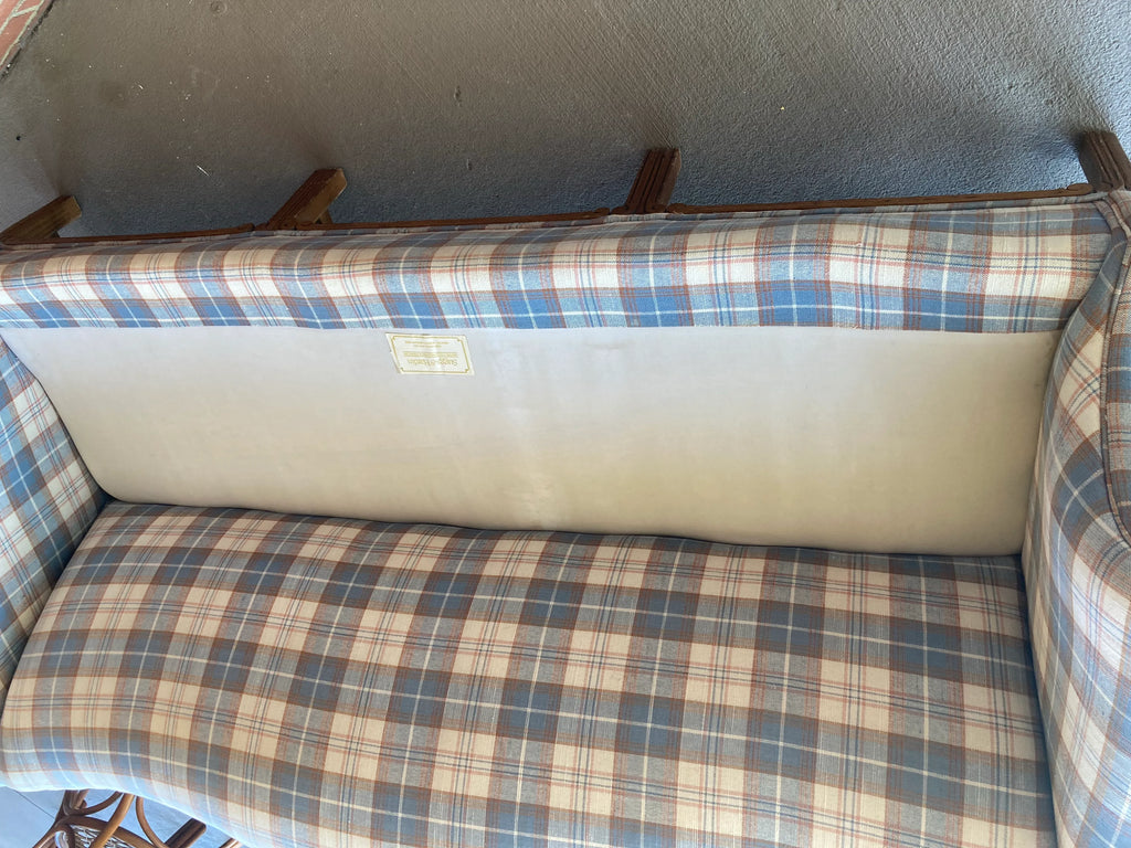 Mid-20th Century Cottage-Core Camelback Sofa With Chinese Chippendale Carved Legs in Original Plaid Fabric