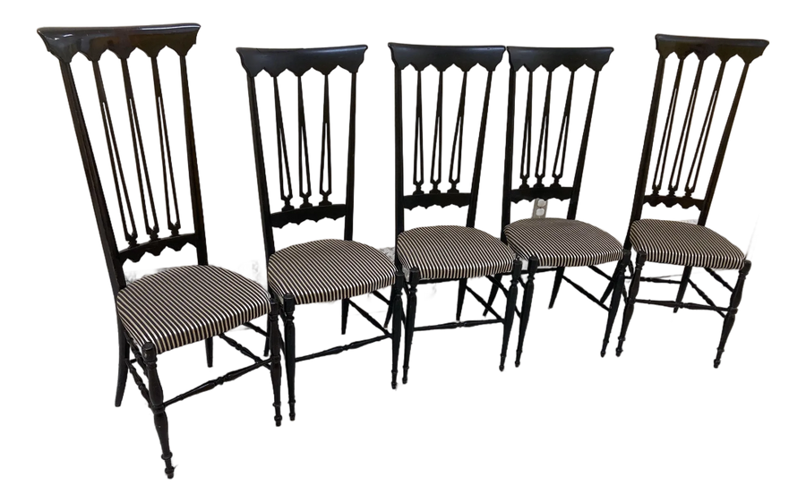 Mid-20th Century Gio Ponti Style Italian Chiavari Chairs in Ebonized Beechwood Attributed to Guido Chiappe for S. A. C. - Set of Five