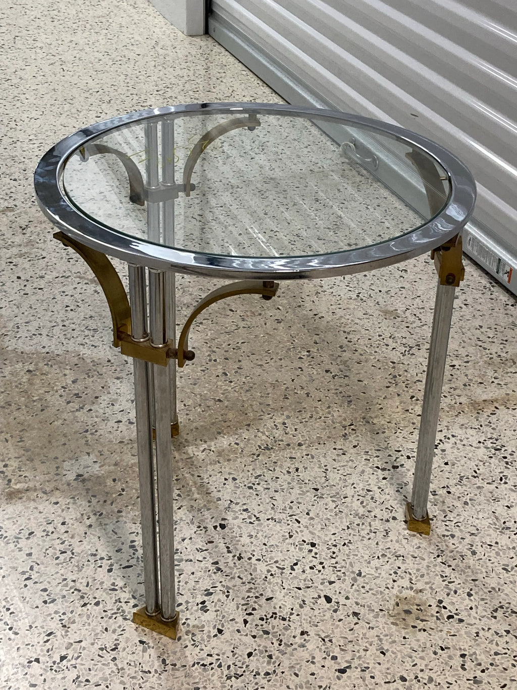 Mid-20th Century Italian Chrome and Brass Regency Side Table With Inset Glass Top After Maison Jansen
