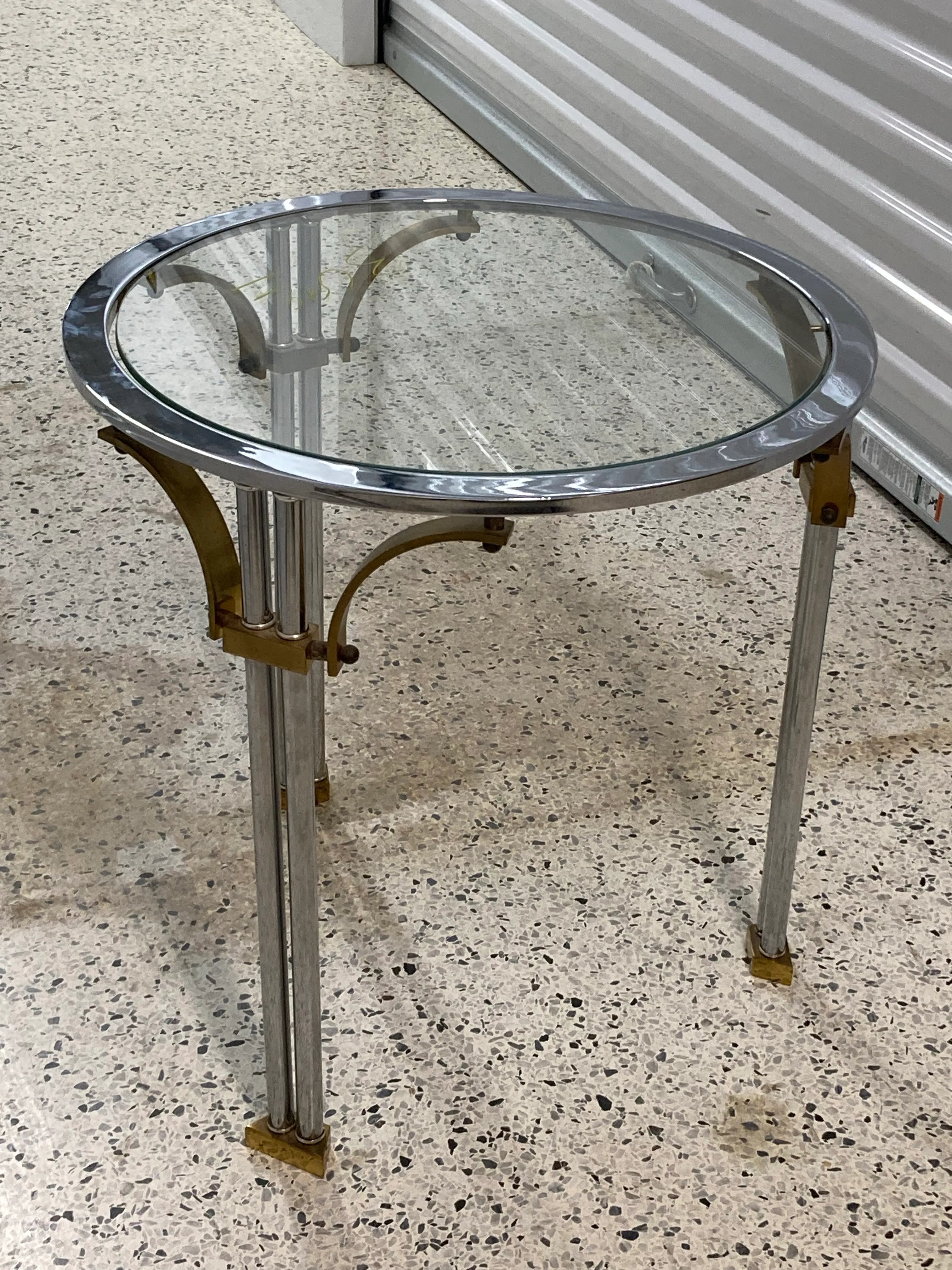 Mid-20th Century Italian Chrome and Brass Regency Side Table With Inset Glass Top After Maison Jansen