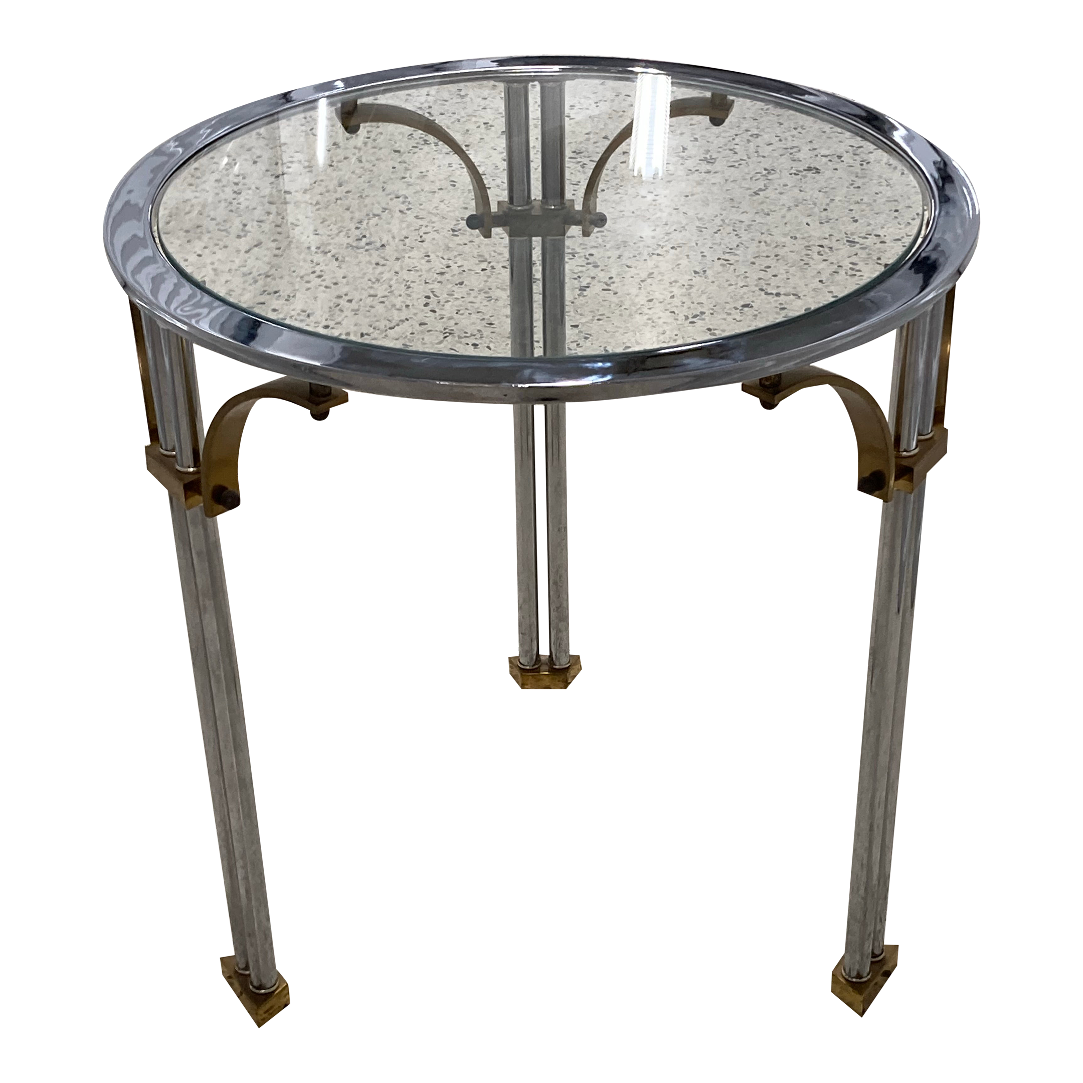 Mid-20th Century Italian Chrome and Brass Regency Side Table With Inset Glass Top After Maison Jansen