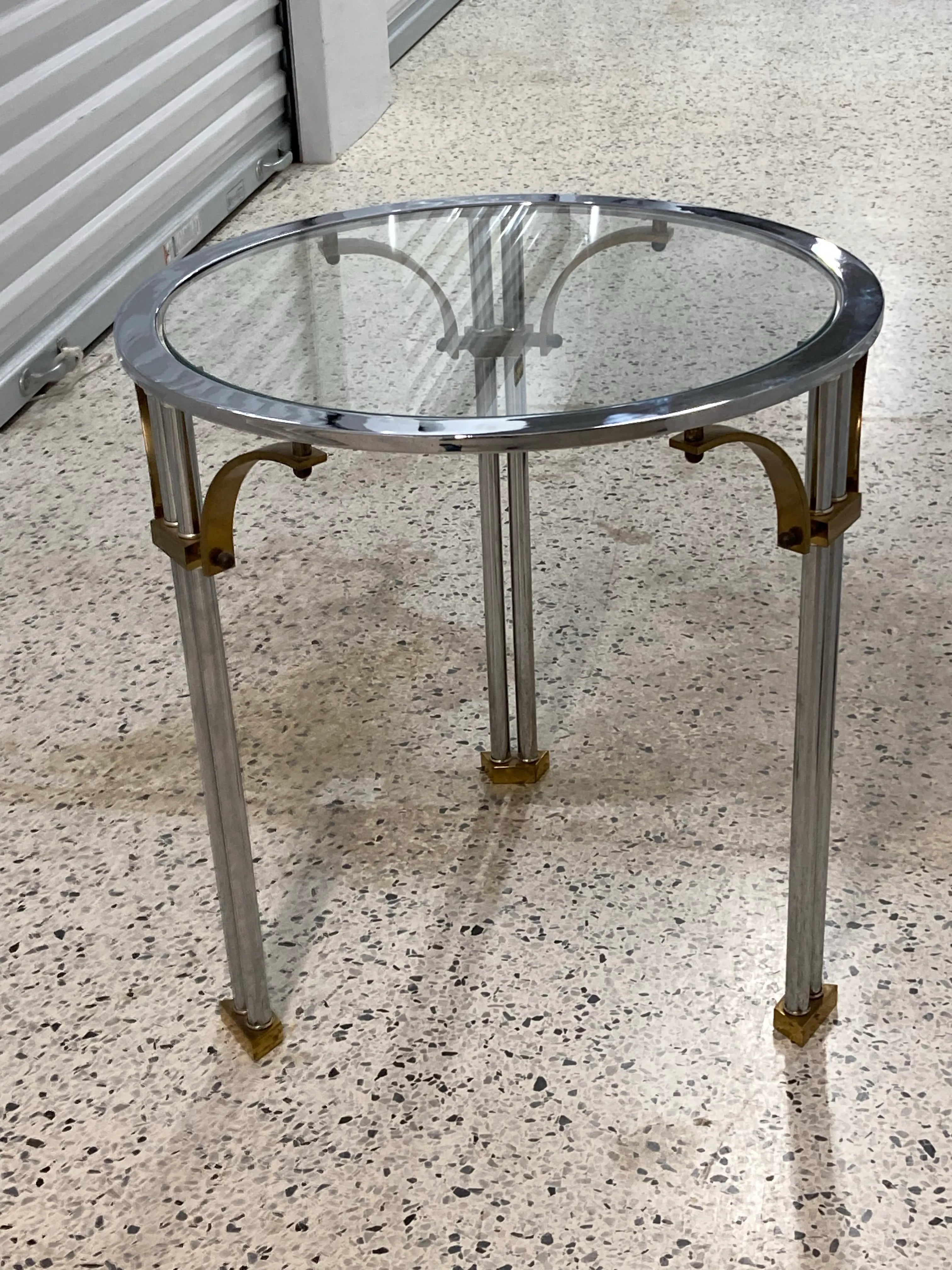 Mid-20th Century Italian Chrome and Brass Regency Side Table With Inset Glass Top After Maison Jansen