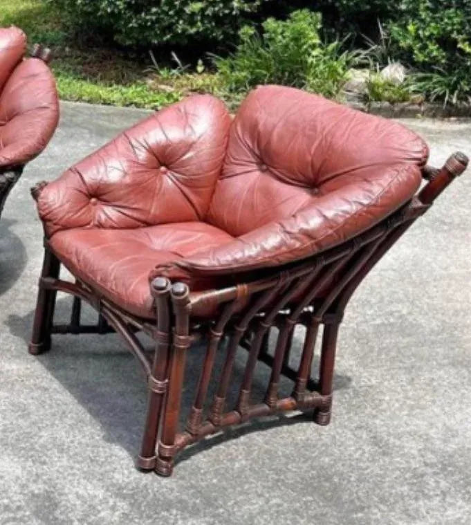 Mid 20th Century Leather and Rattan Sofa and Chair After Percival Lafer - Set of 2