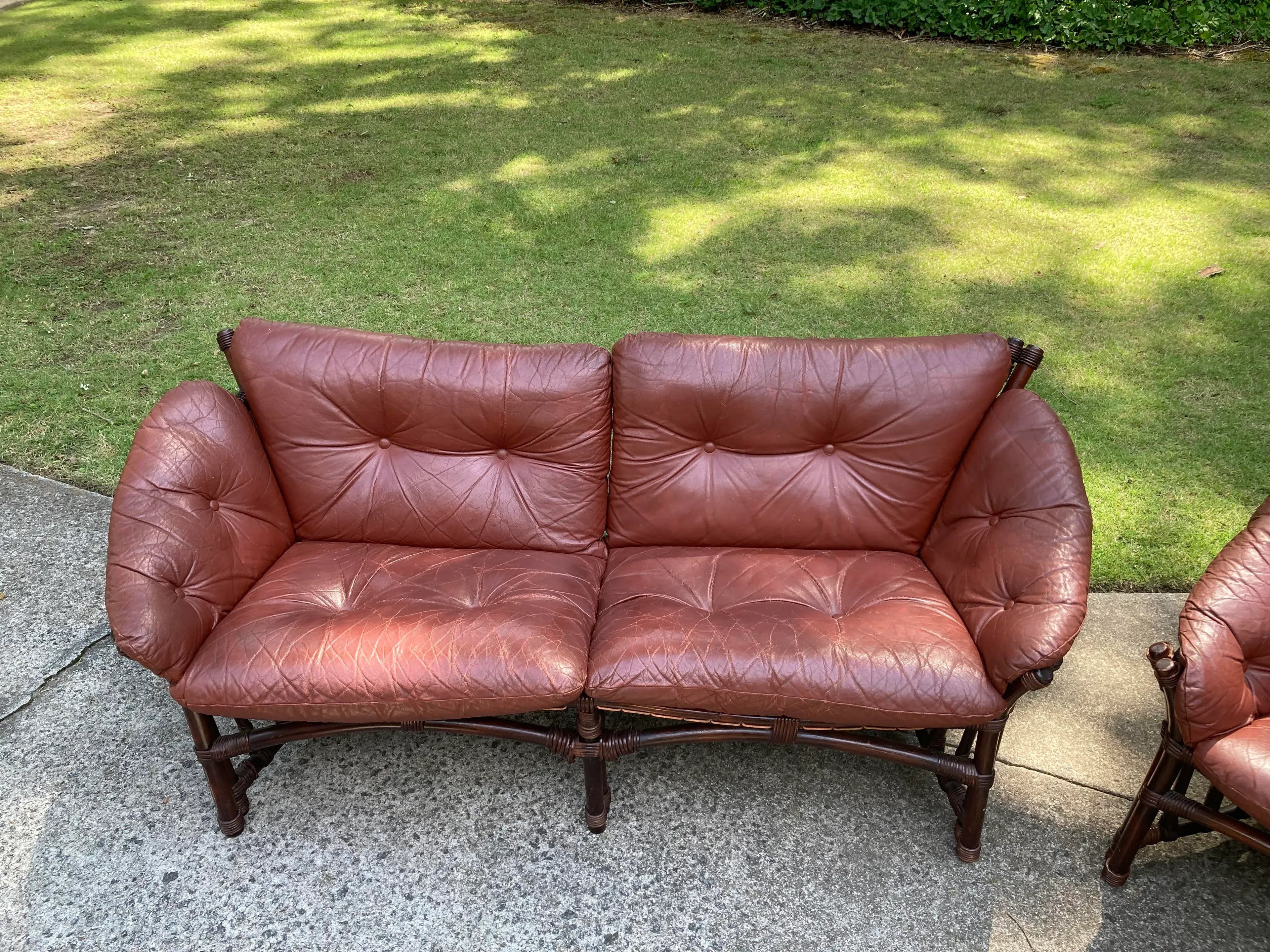 Mid 20th Century Leather and Rattan Sofa and Chair After Percival Lafer - Set of 2