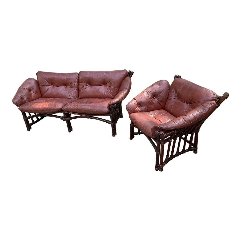 Mid 20th Century Leather and Rattan Sofa and Chair After Percival Lafer - Set of 2