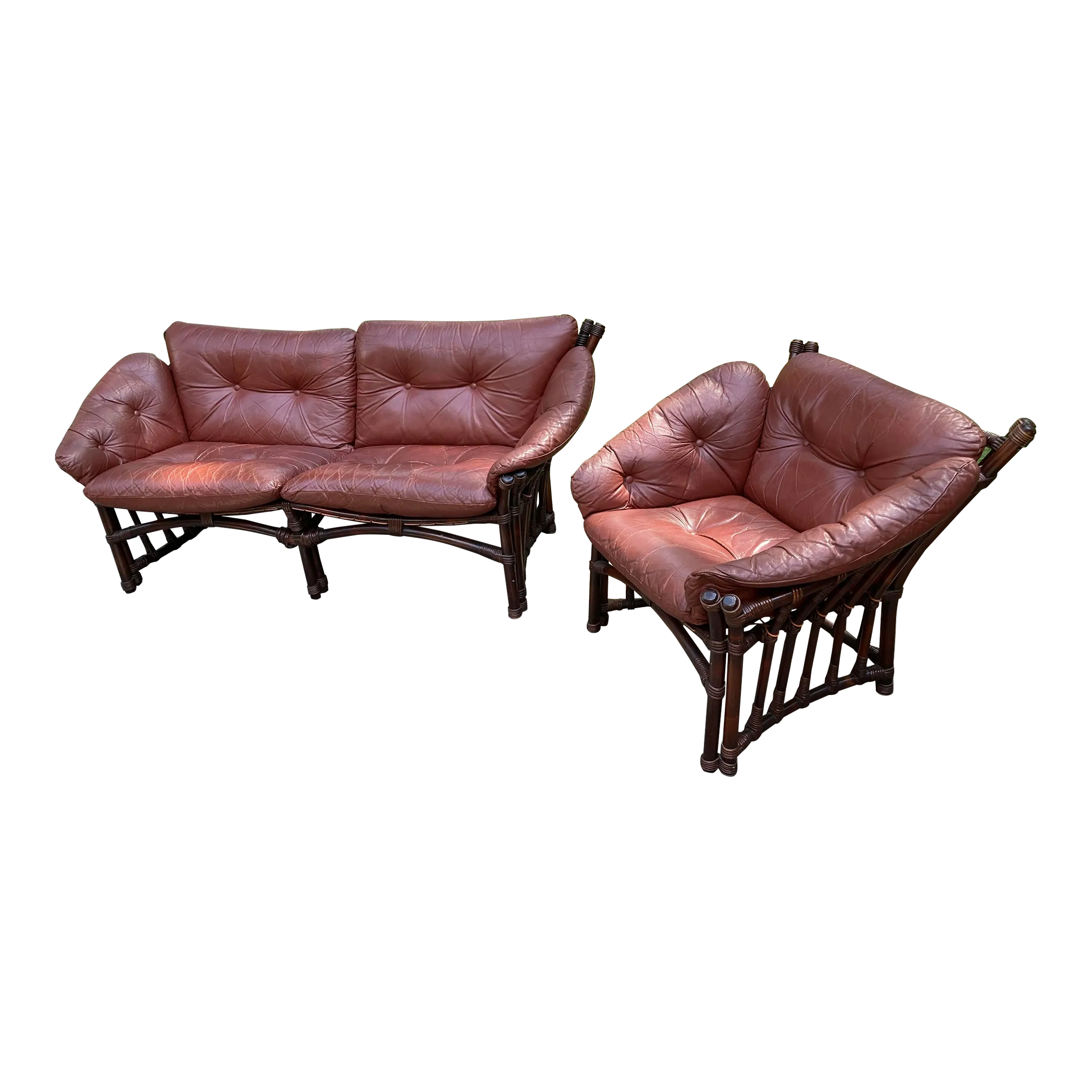 Mid 20th Century Leather and Rattan Sofa and Chair After Percival Lafer - Set of 2