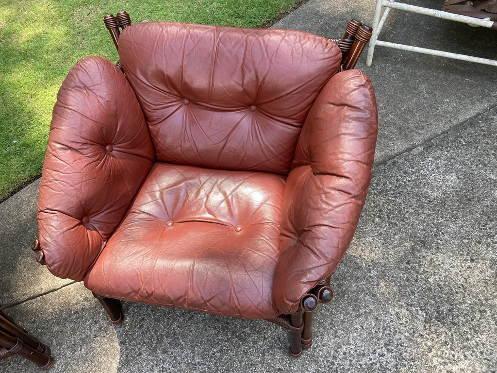 Mid 20th Century Leather and Rattan Sofa and Chair After Percival Lafer - Set of 2
