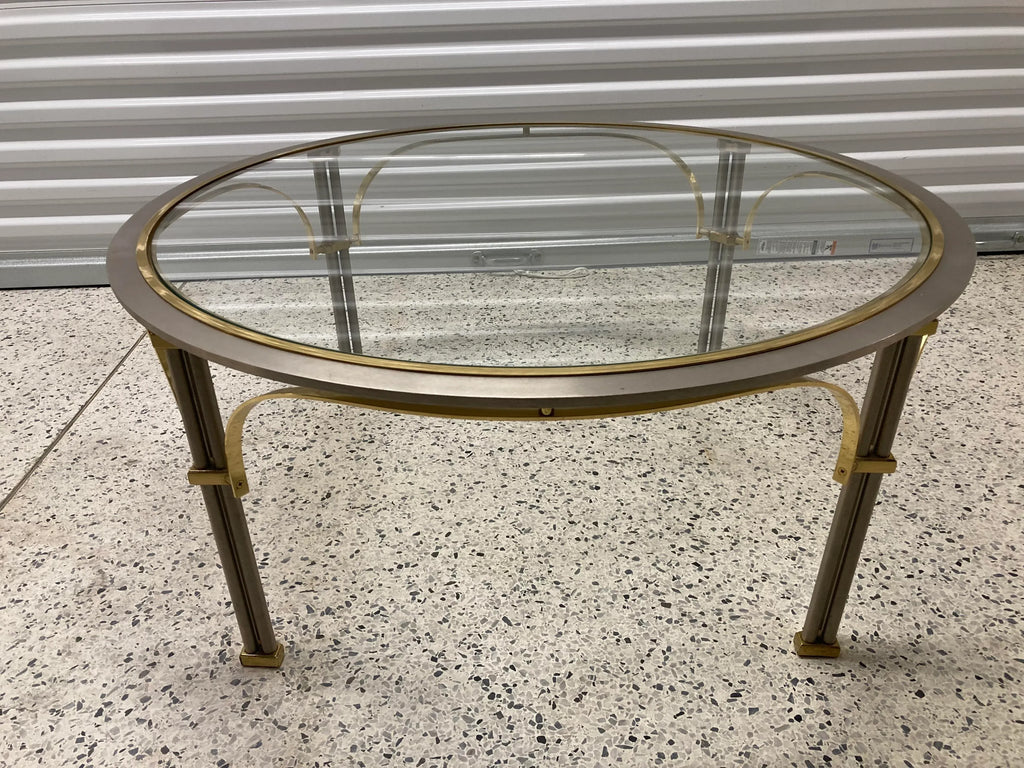 Mid 20th Century Maison Jansen Style Chrome and Brass Round Coffee Table With Glass Top