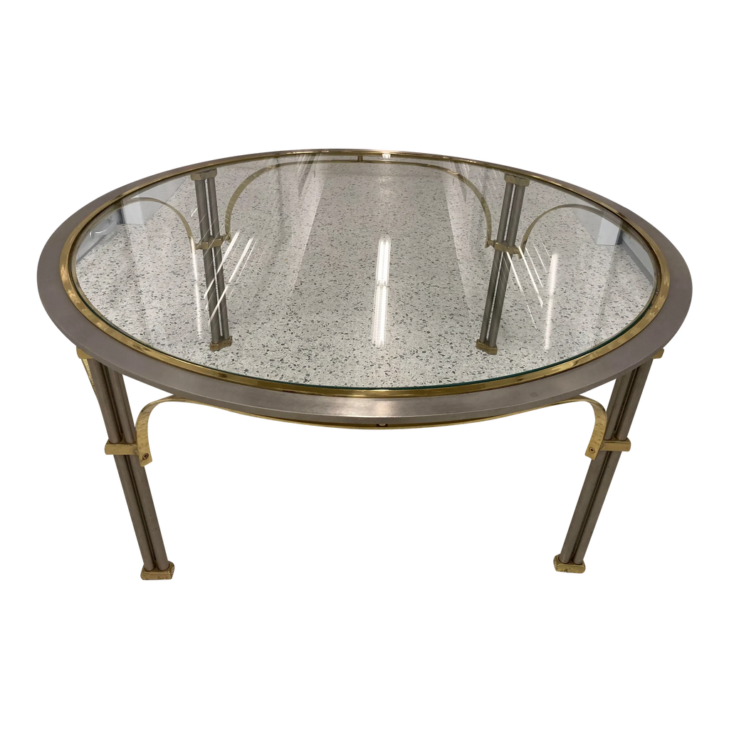 Mid 20th Century Maison Jansen Style Chrome and Brass Round Coffee Table With Glass Top