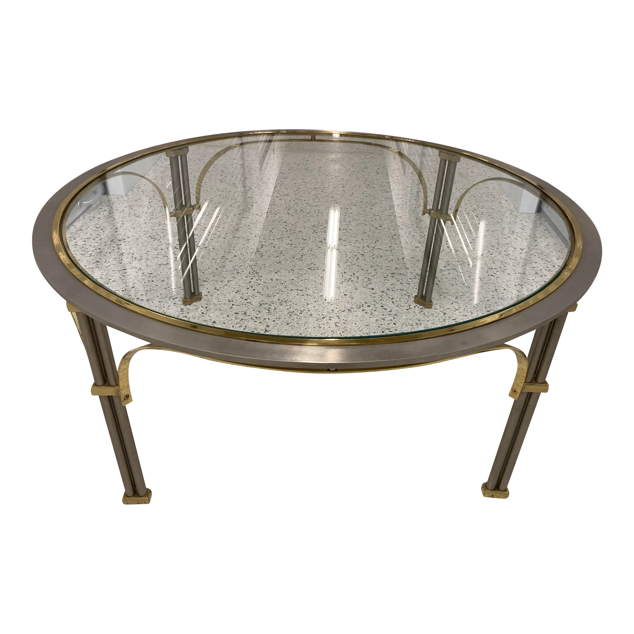 Mid 20th Century Maison Jansen Style Chrome and Brass Round Coffee Table With Glass Top