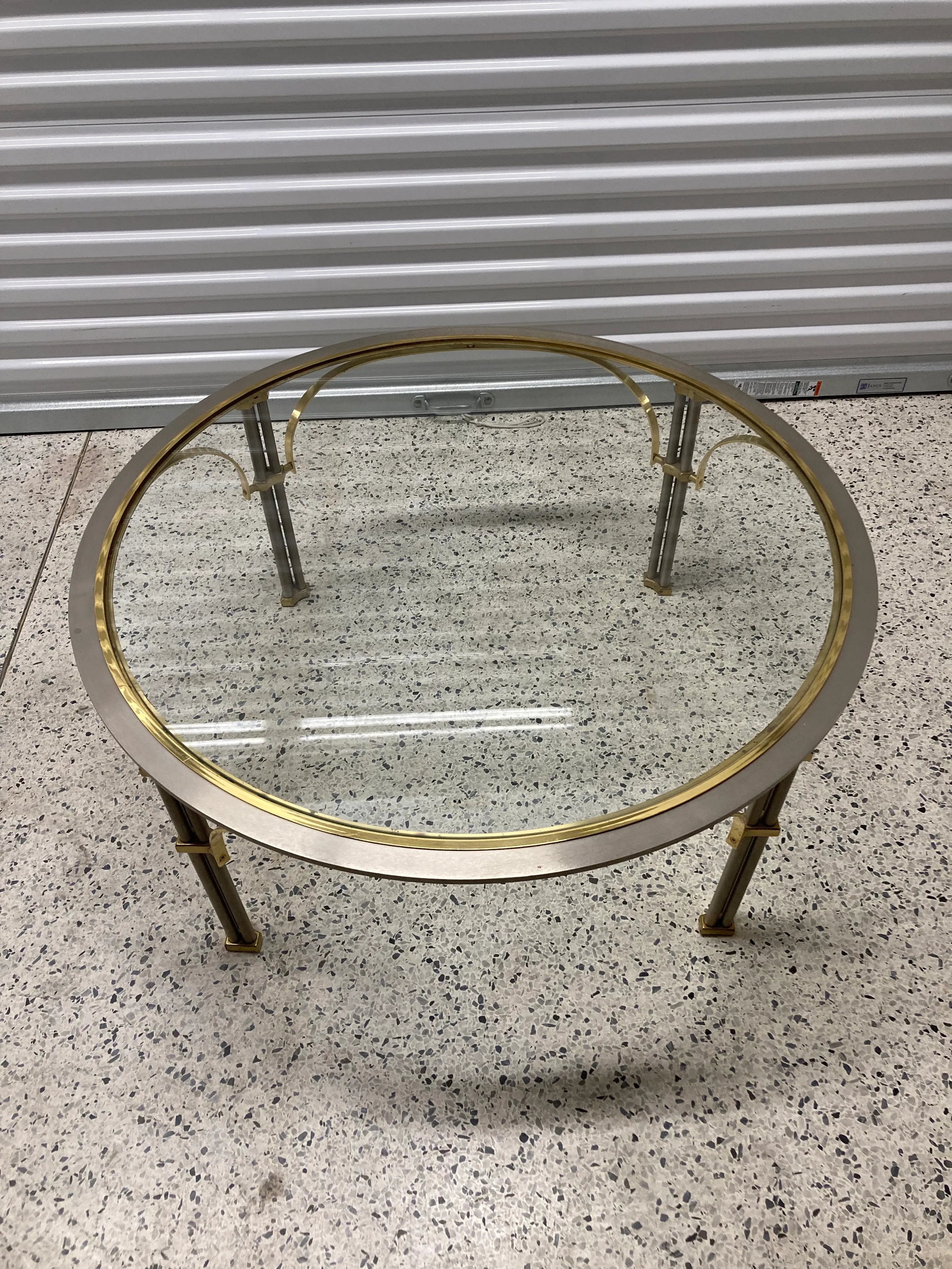 Mid 20th Century Maison Jansen Style Chrome and Brass Round Coffee Table With Glass Top