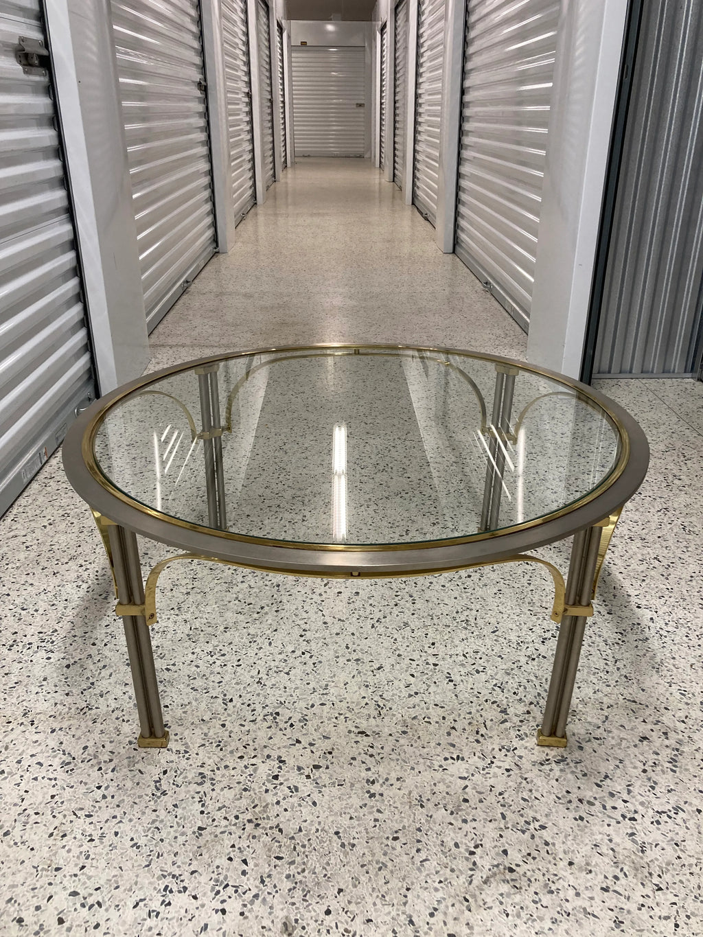 Mid 20th Century Maison Jansen Style Chrome and Brass Round Coffee Table With Glass Top